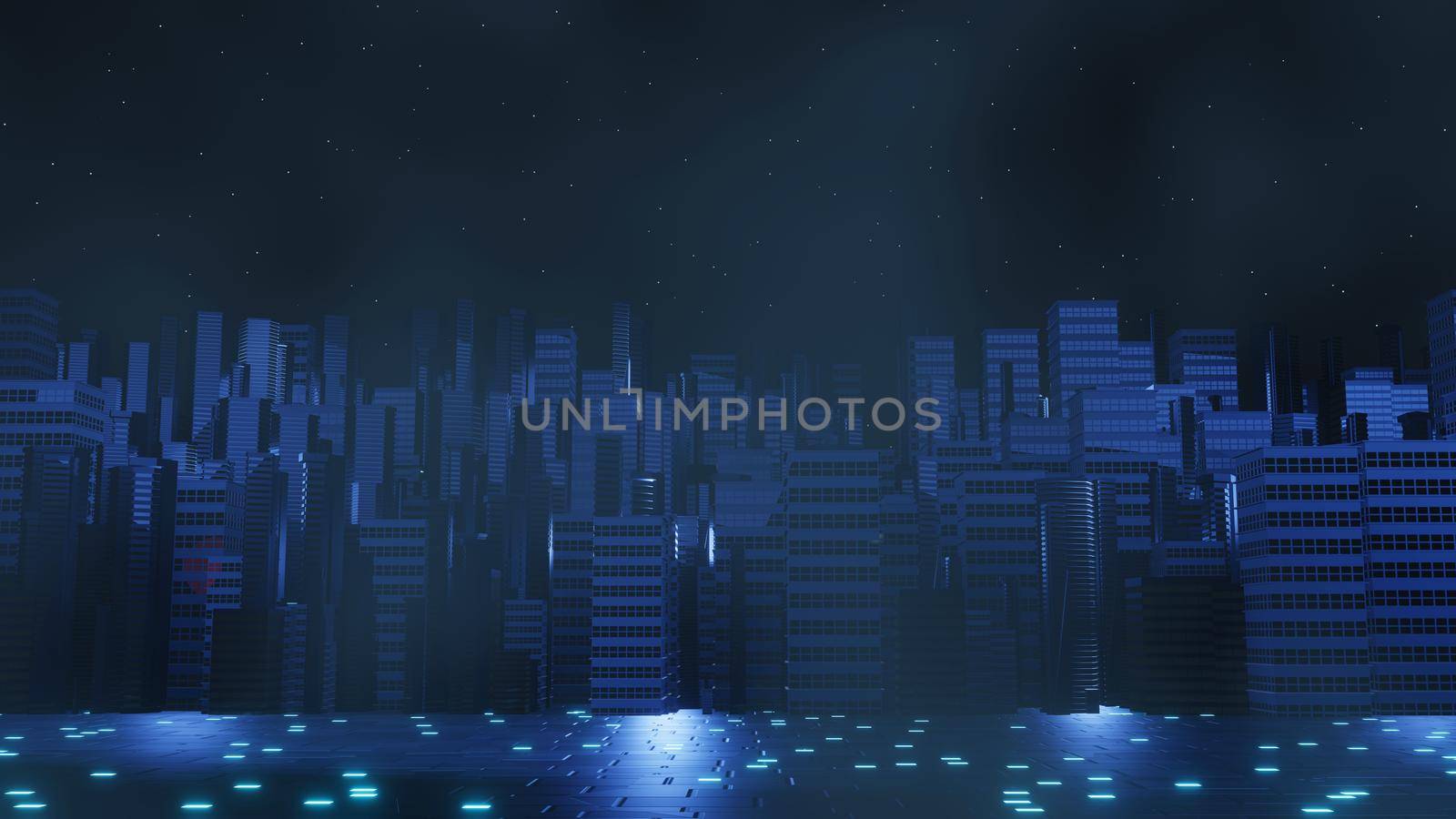 3d render of Cyber punk night city landscape concept. Light glowing on dark scene.  Night life. Technology network for 5g. Beyond generation and futuristic of Sci-Fi Capital city and building scene.  by tanatpon13p