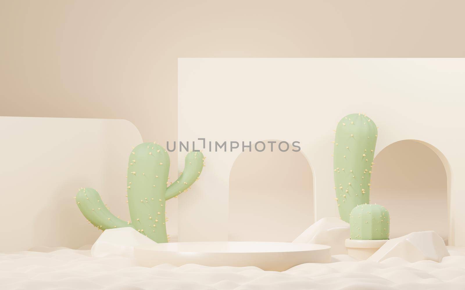 3d Mock up Brown cream podium with Cactus and Sands desert mini theme. Pedestal stage for product and cosmetic presentation. Abstract colorful scene for advertising. Sale promotion background. by tanatpon13p