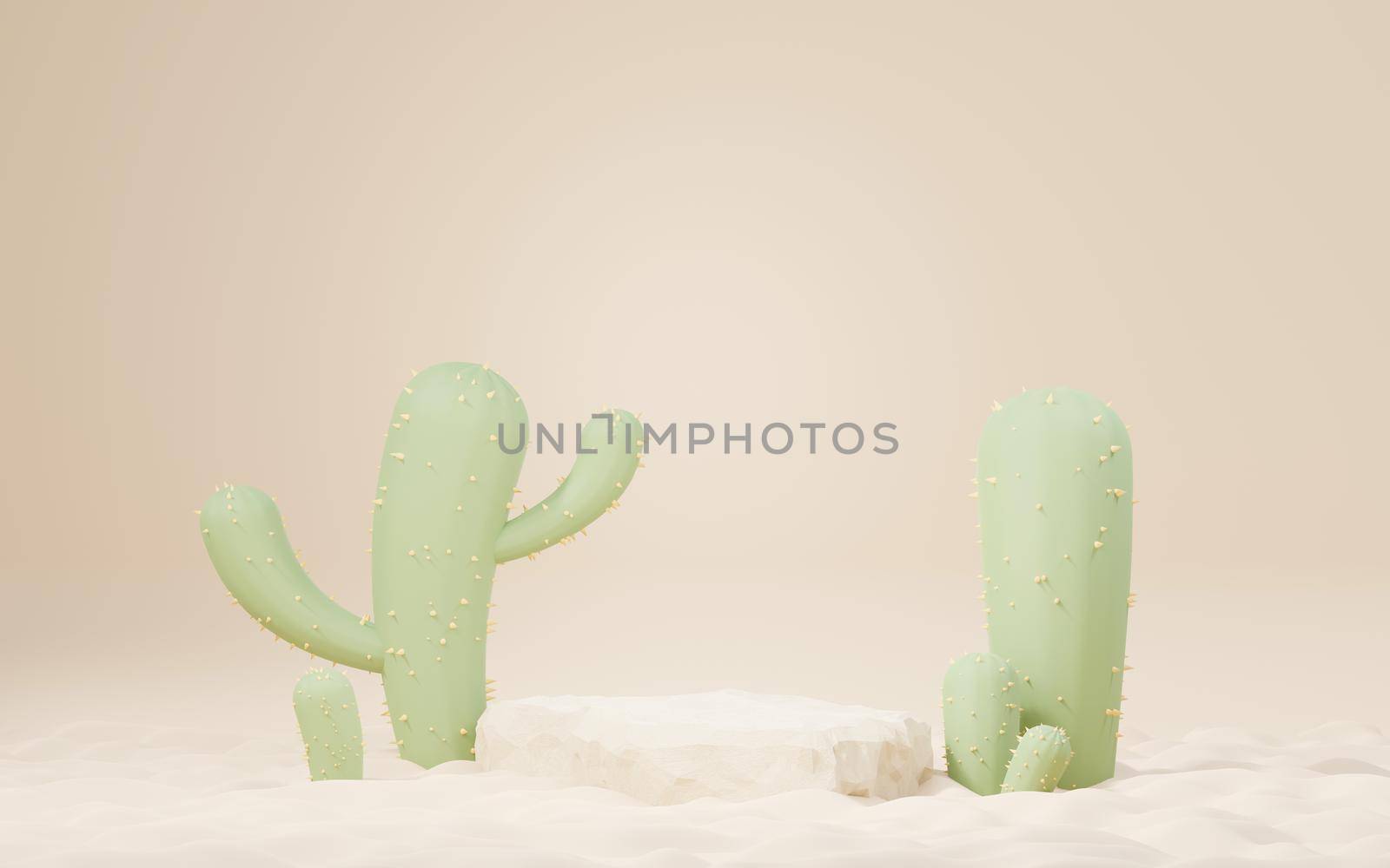 3d Mock up Brown cream podium with Cactus and Sands desert mini theme. Pedestal stage for product and cosmetic presentation. Abstract colorful scene for advertising. Sale promotion background. by tanatpon13p