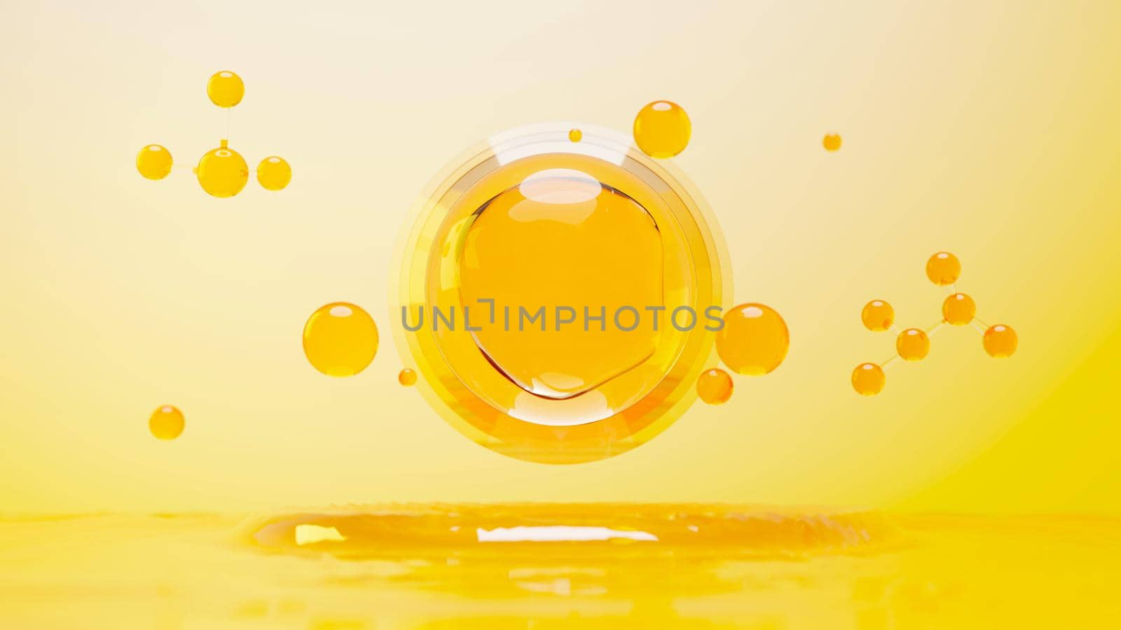 3d render of simple chemical bond in side cell or molecules. The associated of atoms, ions, bond and molecules. Liquid drop bubble background. Covalent bond. Biochemical interaction.  by tanatpon13p