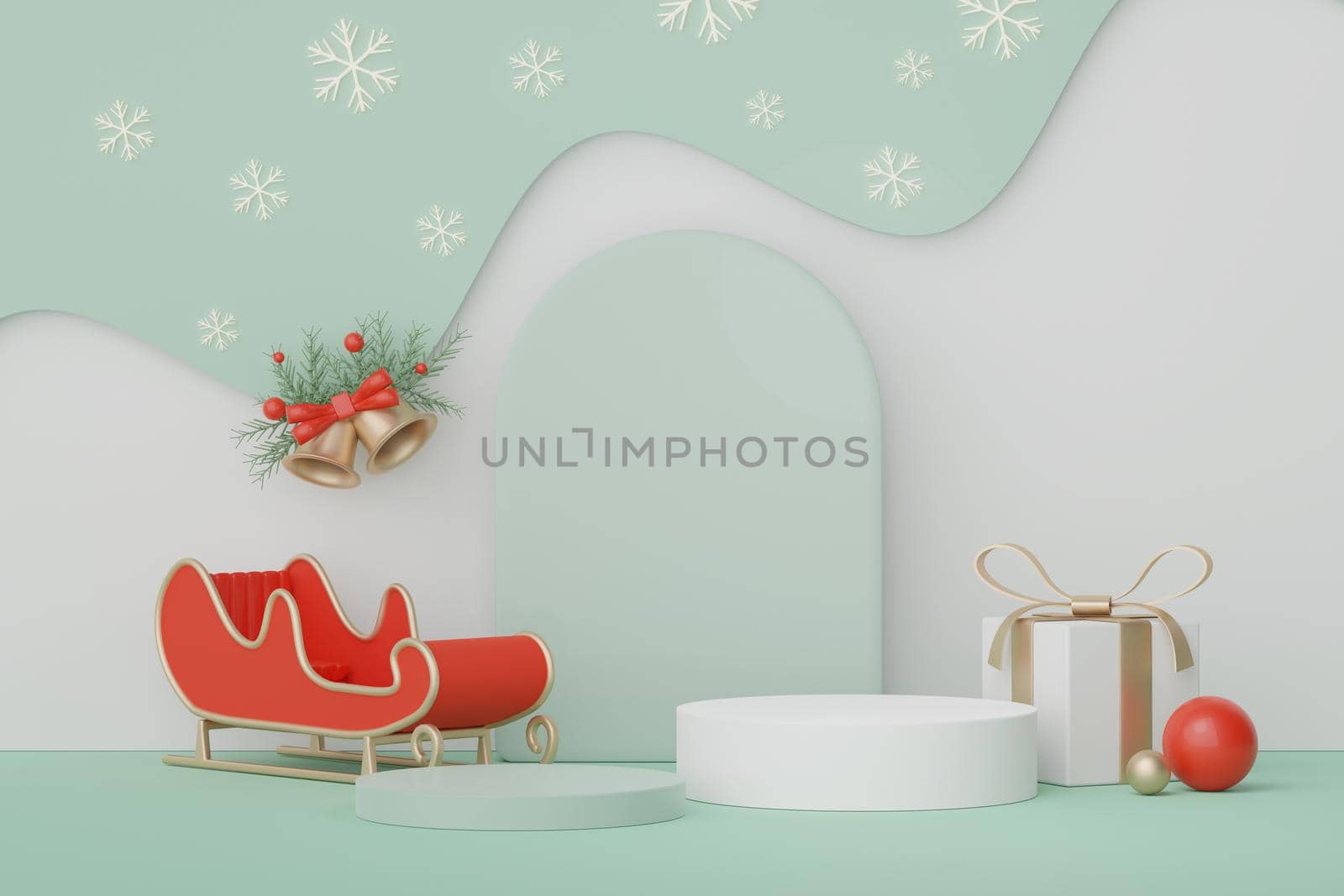 3d Display Podium for product and cosmetic presentation with Merry Christmas and Happy new year concept. Modern geometric. Platform for mock up and showing brand.