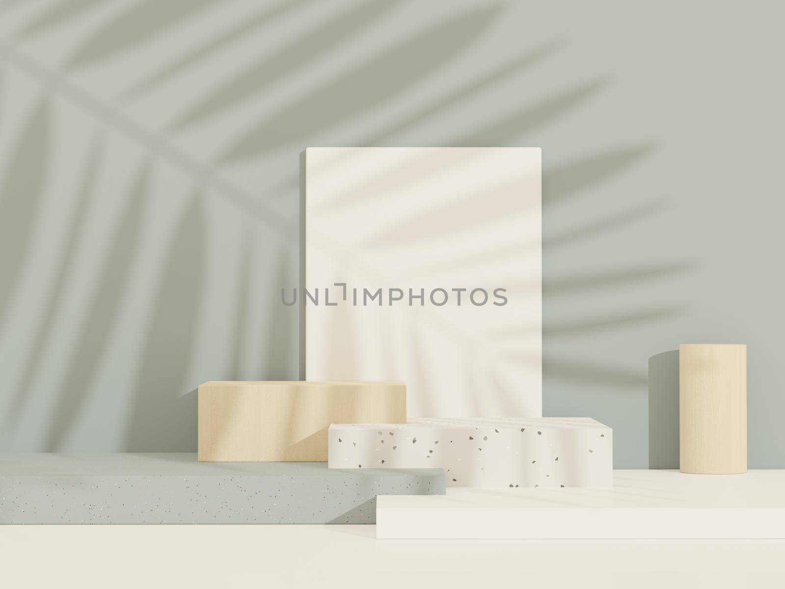 3d abstract background white podium for product presentation and brand advertising with shadow of windows and roof. Empty scene for mock up.