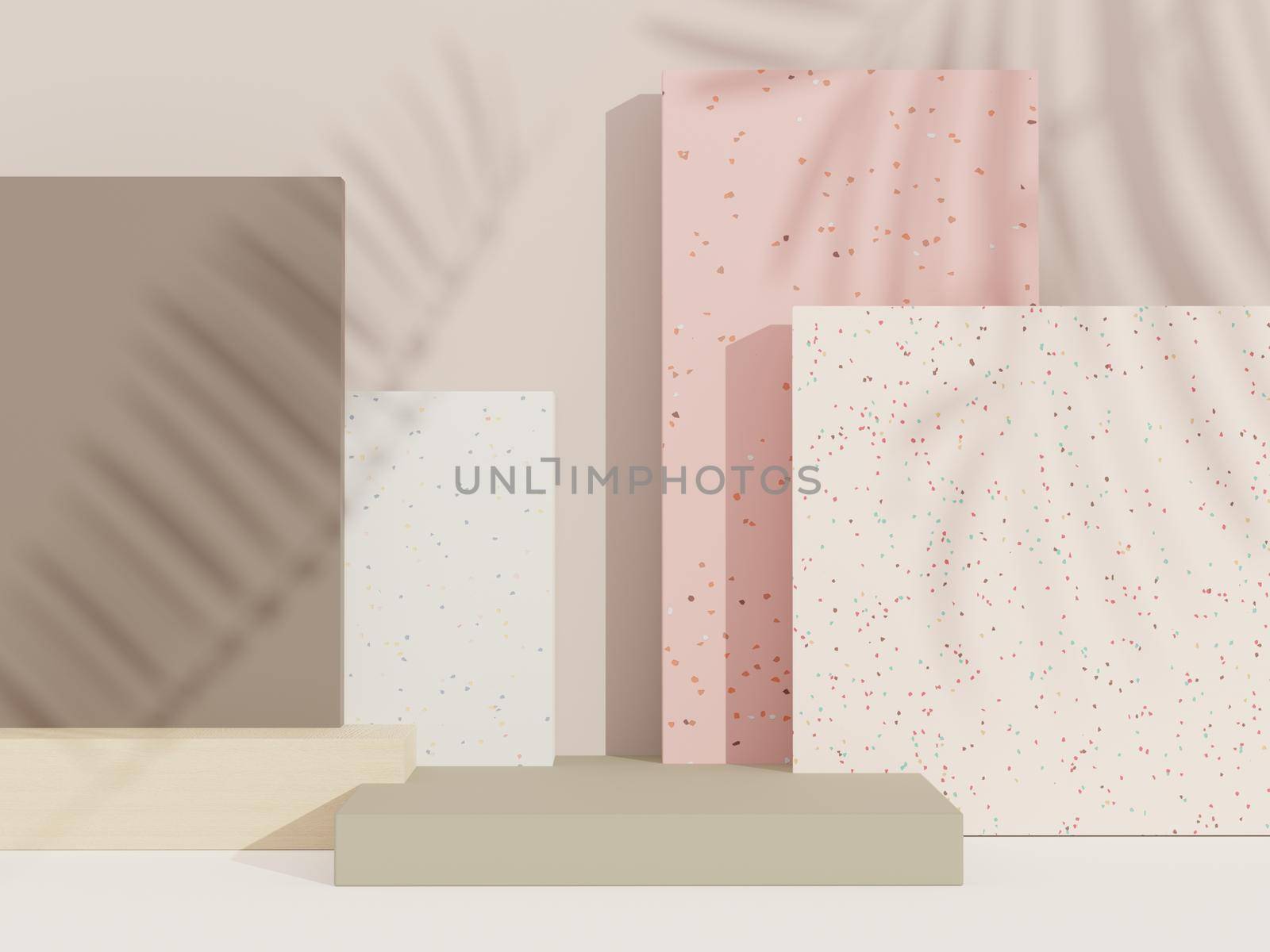 3d abstract background Terrazzo podium for product presentation and brand advertising with shadow of leave. Empty scene for mock up. by tanatpon13p