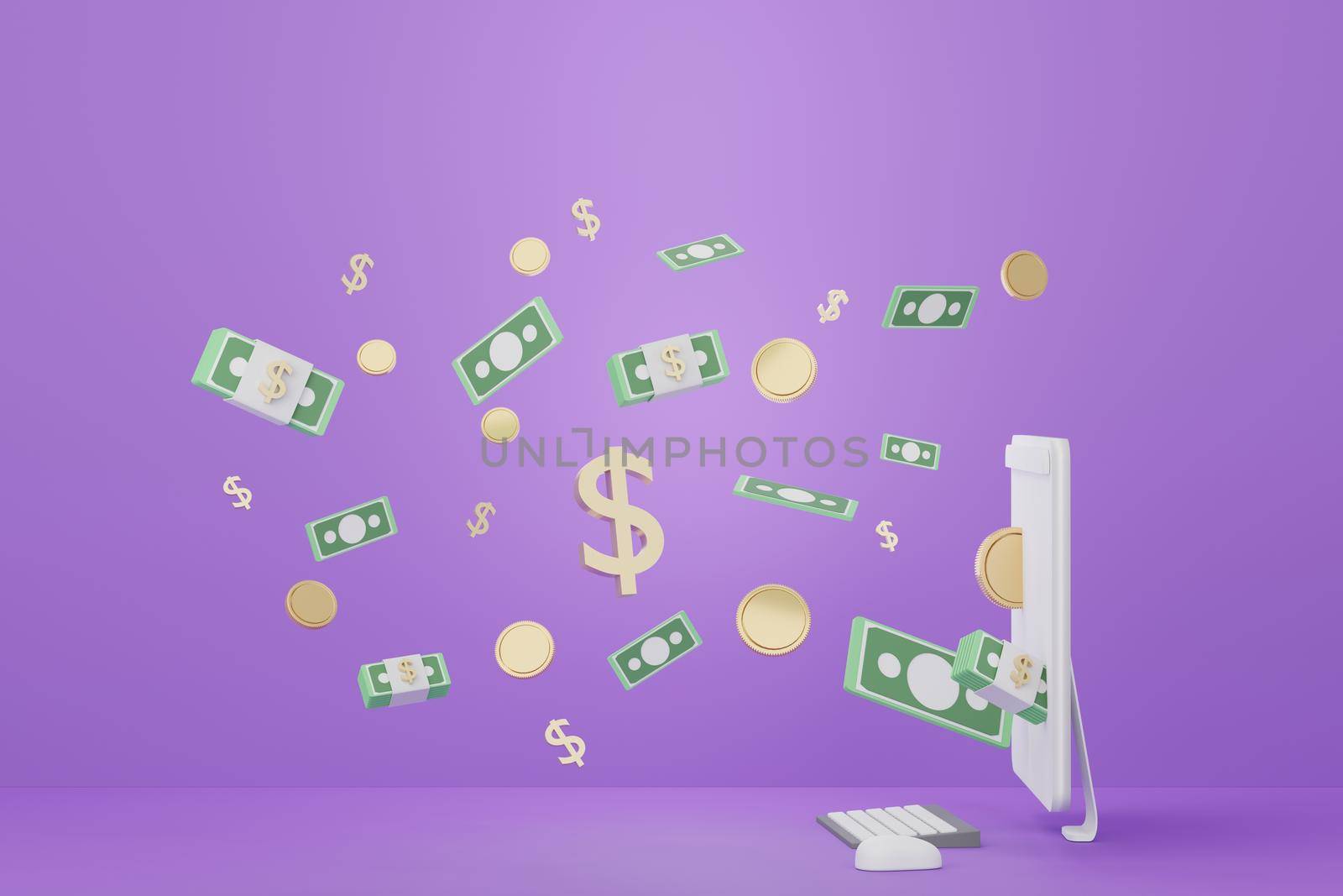 3d render Minimal computer that around with floating gold coins . Money concepts financial planning. Online shopping. Wealth management franchises. by tanatpon13p