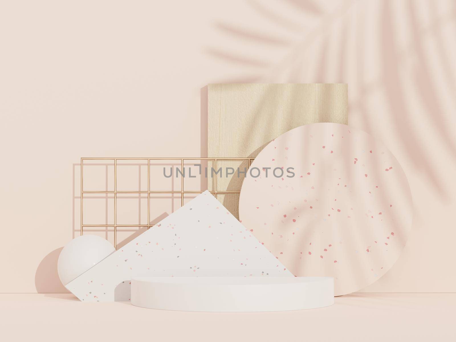 3d abstract background Terrazzo podium for product presentation and brand advertising with shadow of leave. Empty scene for mock up. by tanatpon13p