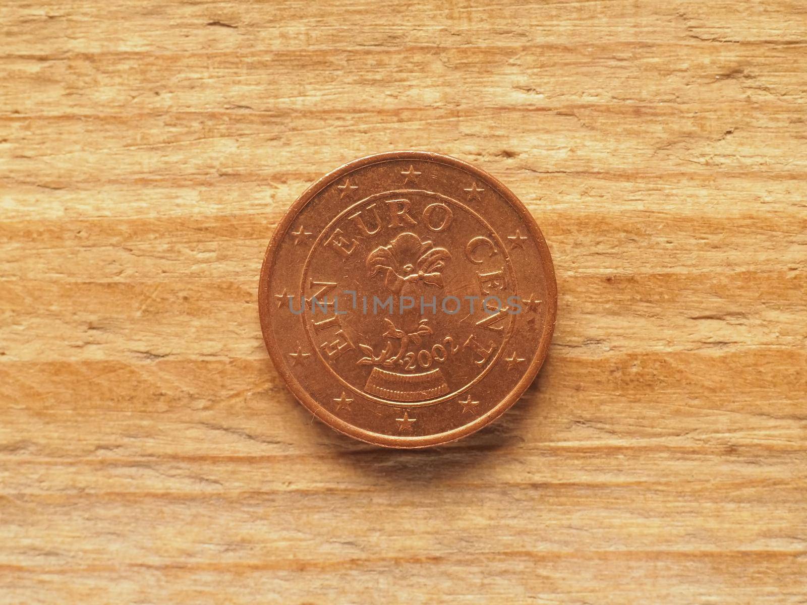 one cent coin, Country side showing showing gentian alpine flower, currency of Austria, European Union