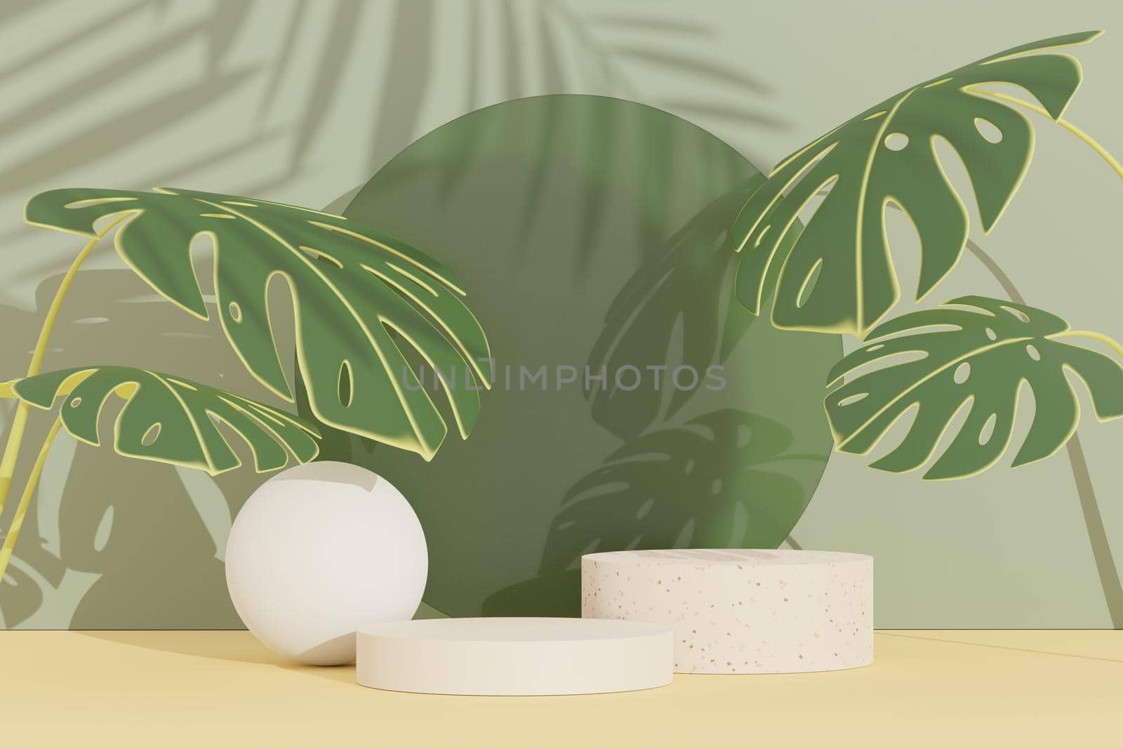 3d render of abstract pedestal podium display with terrazzo and shadow of leaves. Scene for present product promotion and beauty cosmetics.