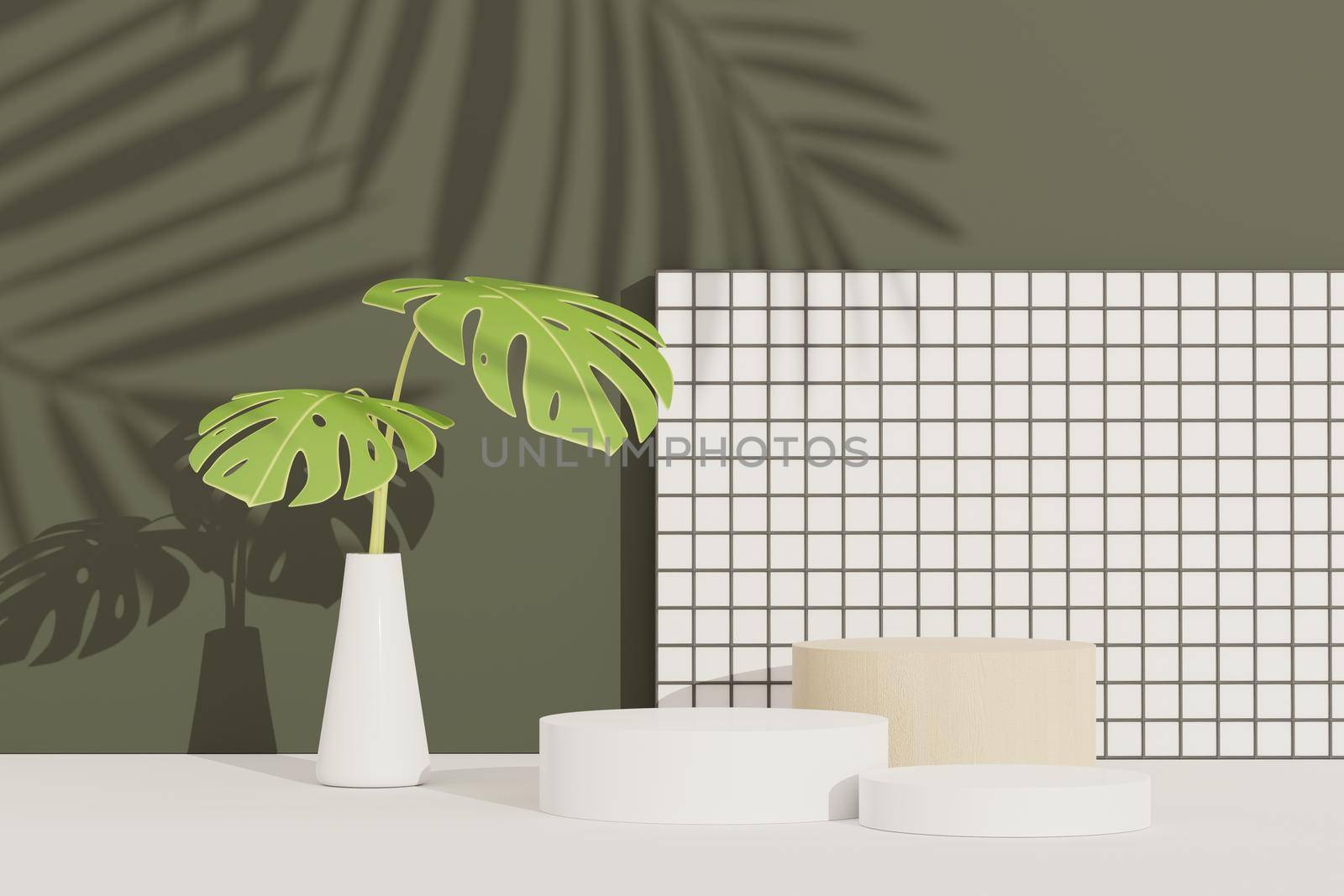 3d render of abstract pedestal podium display with terrazzo and Monstera leaves. Product and promotion concept for advertising. Green natural background. by tanatpon13p