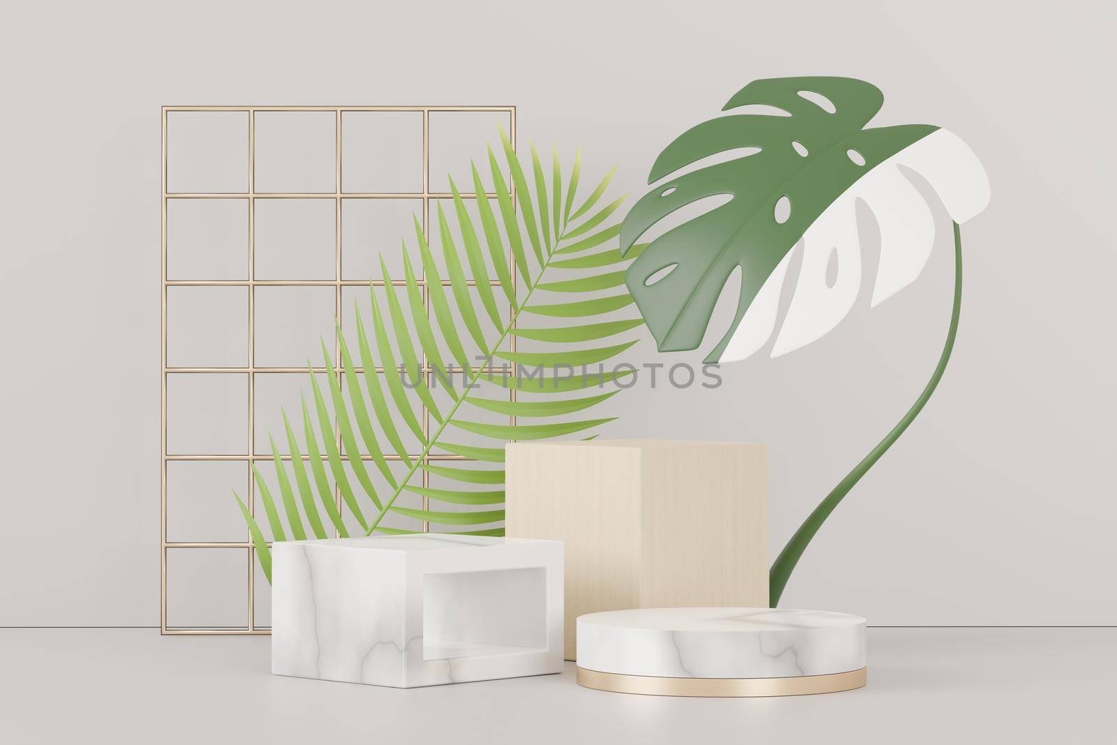 3d render of abstract pedestal podium display with Tropical Monstera leaves. Product and promotion concept for advertising. Green natural background. by tanatpon13p