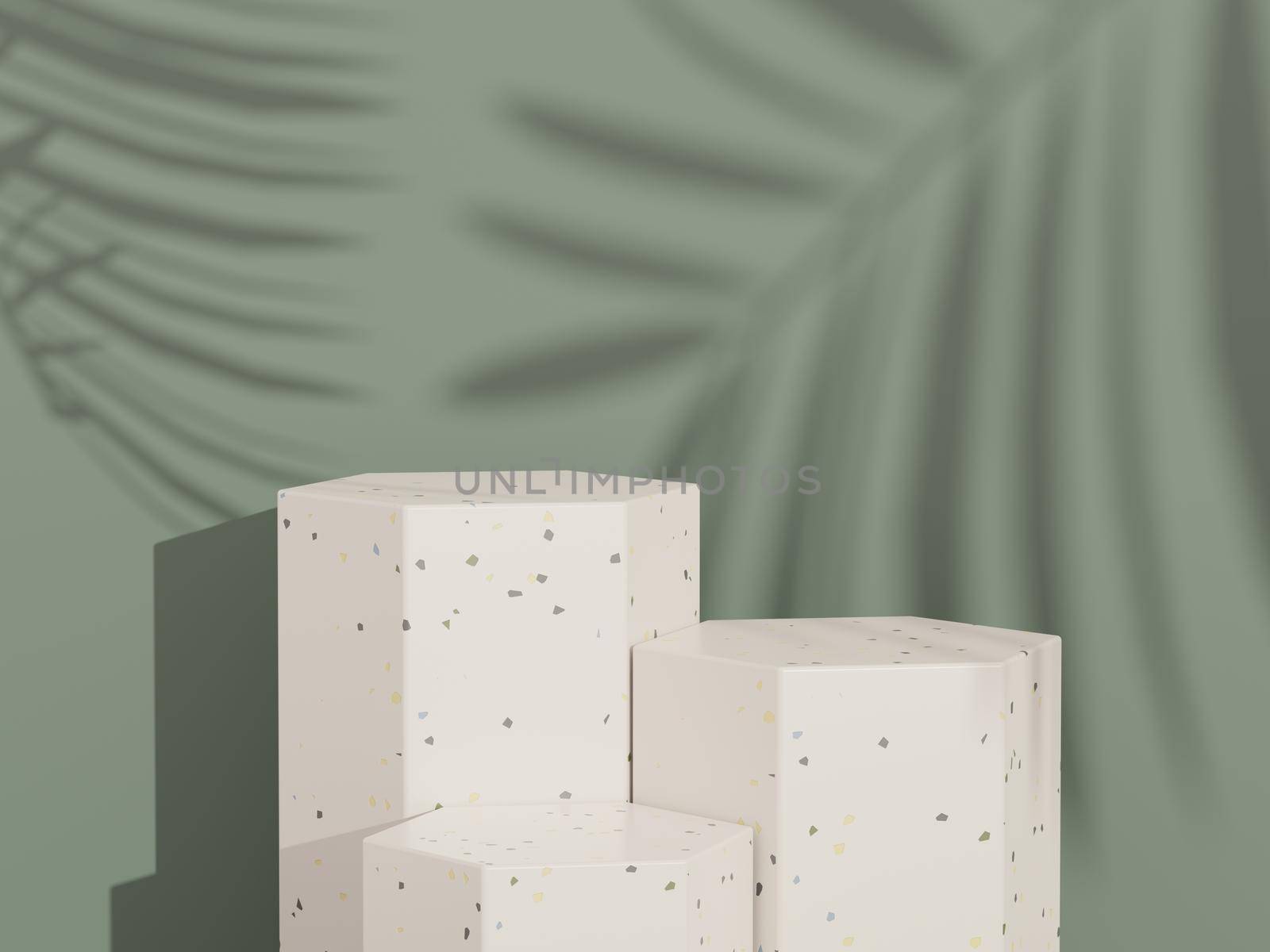 3d abstract background Terrazzo podium for product presentation and brand advertising with shadow of leave. Empty scene for mock up.