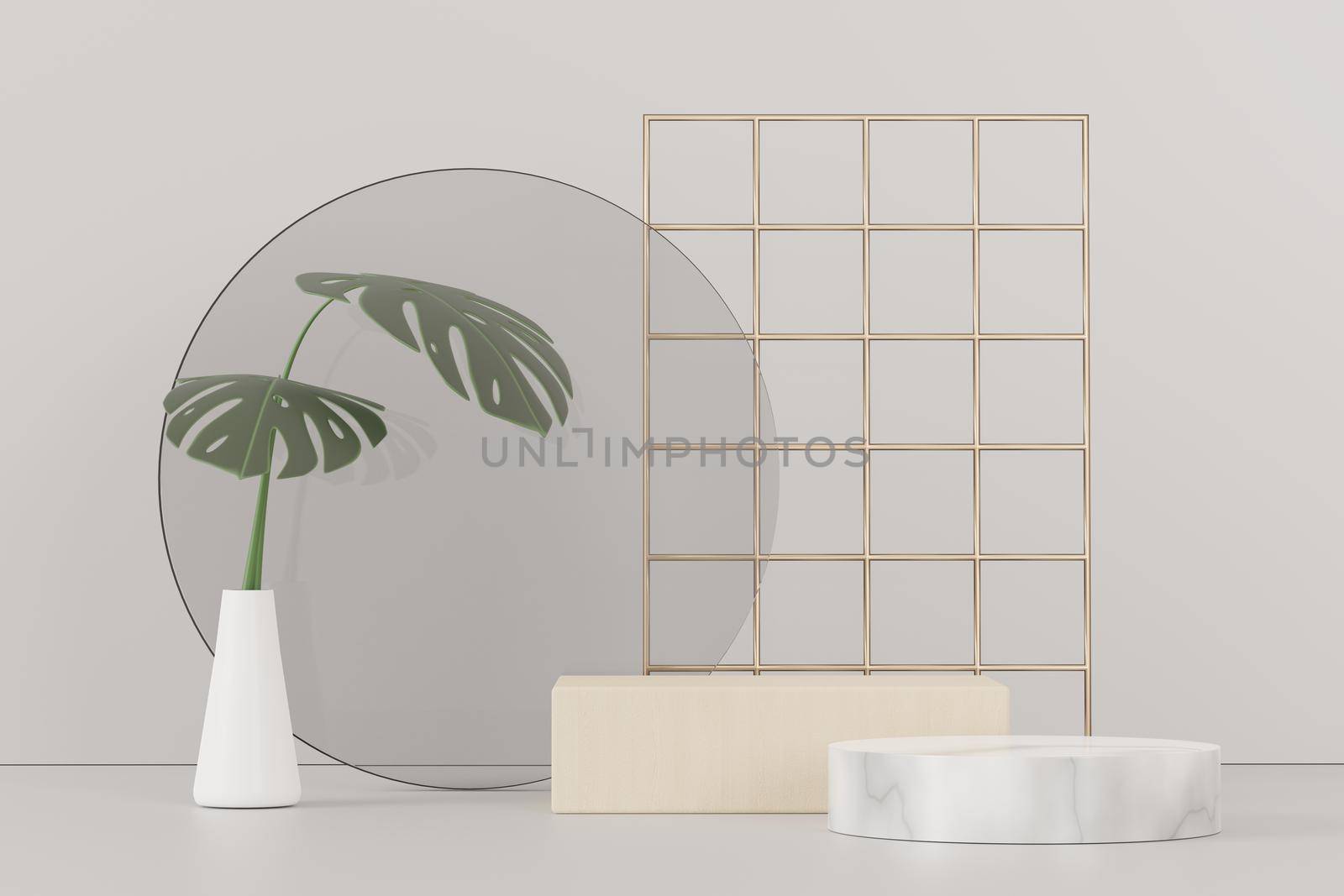 3d render of abstract pedestal podium display with Tropical Monstera leaves. Product and promotion concept for advertising. Green natural background. by tanatpon13p