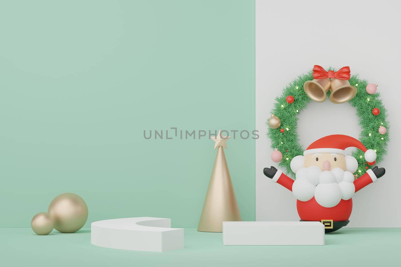 3d Display Podium for product and cosmetic presentation with Merry Christmas and Happy new year concept. Modern geometric. Platform for mock up and showing brand. Minimal clean design. by tanatpon13p
