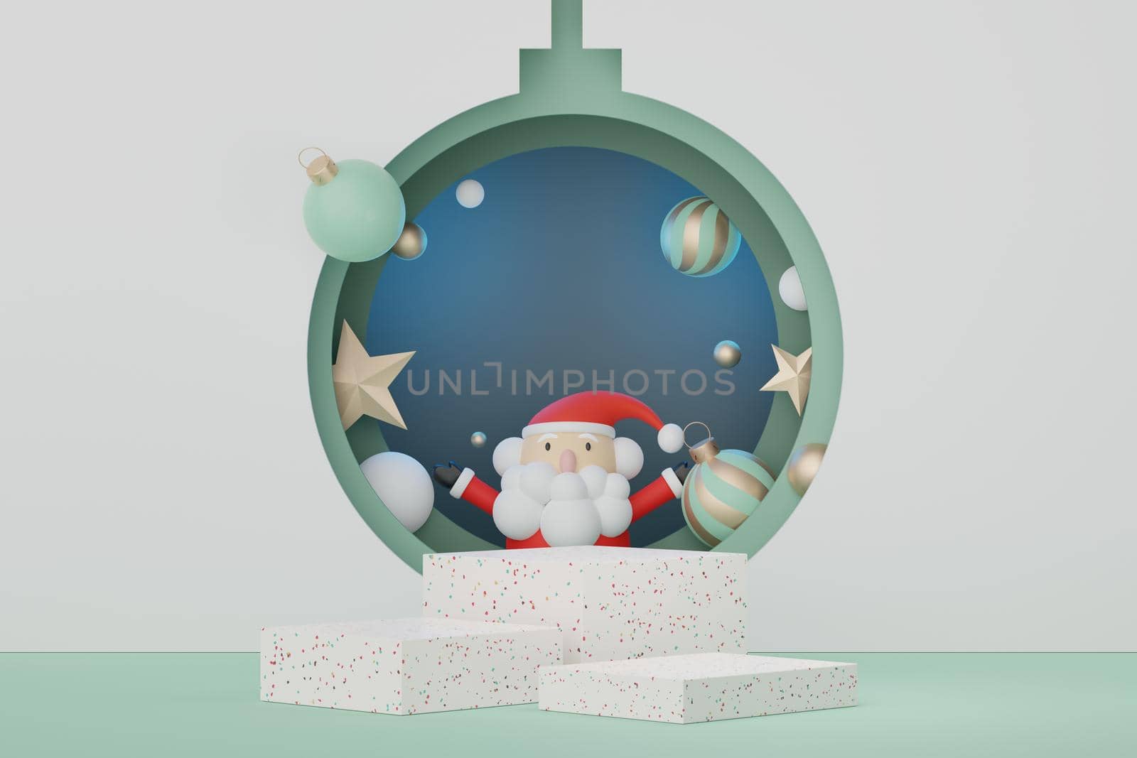 3d Display Podium for product and cosmetic presentation with Merry Christmas and Happy new year concept. Modern geometric. Platform for mock up and showing brand.
