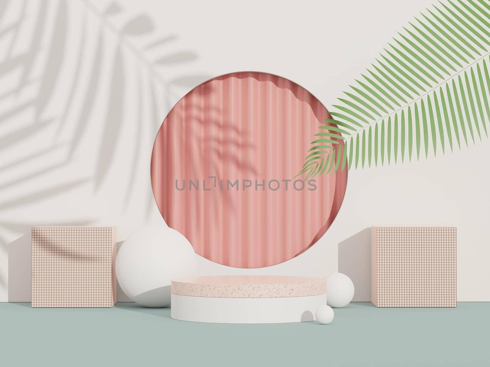 3d render of abstract pedestal podium display with terrazzo and shadow of leaves. Scene for present product promotion and beauty cosmetics.