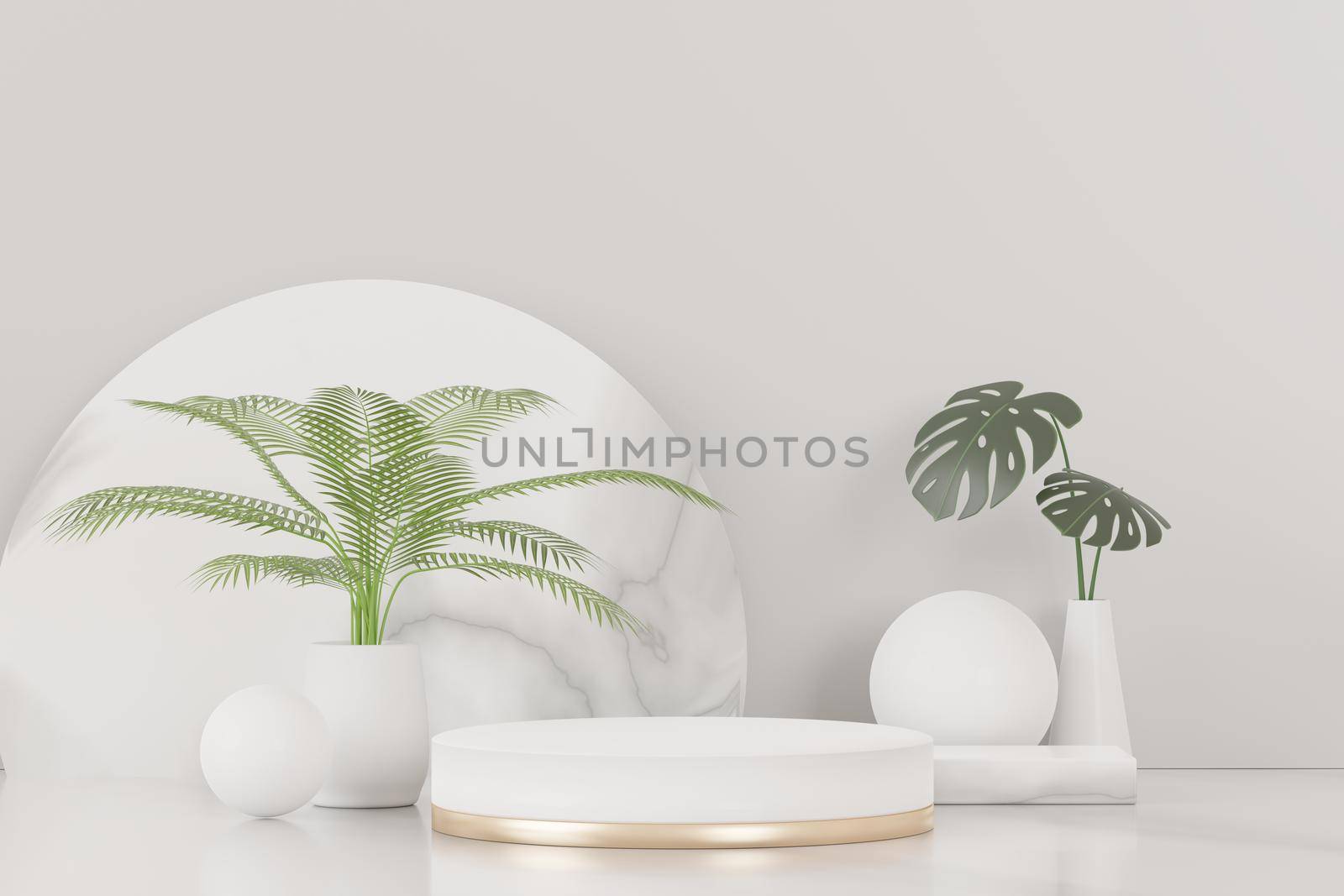 3d render of abstract pedestal podium display with Tropical Monstera leaves. Product and promotion concept for advertising. Green natural background. by tanatpon13p