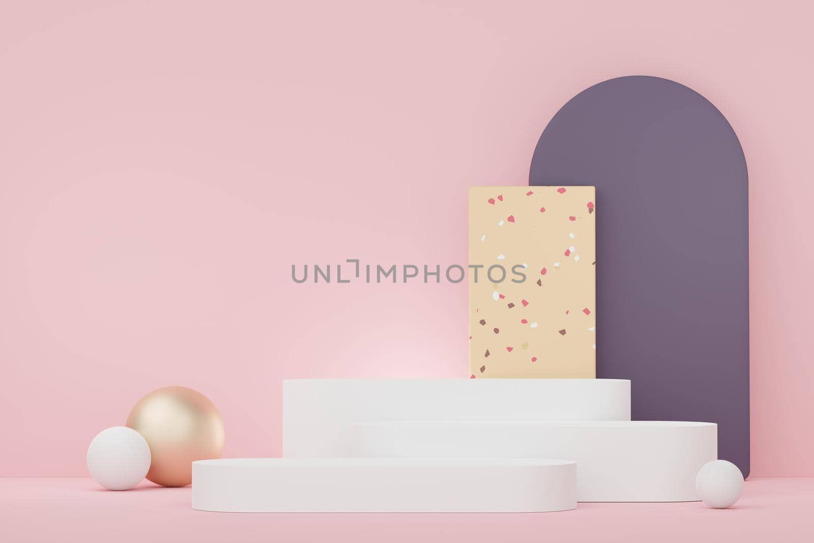 3d abstract white platform showcase for product and cosmetic presentation with terrazzo idea concept. Minimal Podium for mock up and advertising. Render geometric design scene for web banner.   by tanatpon13p