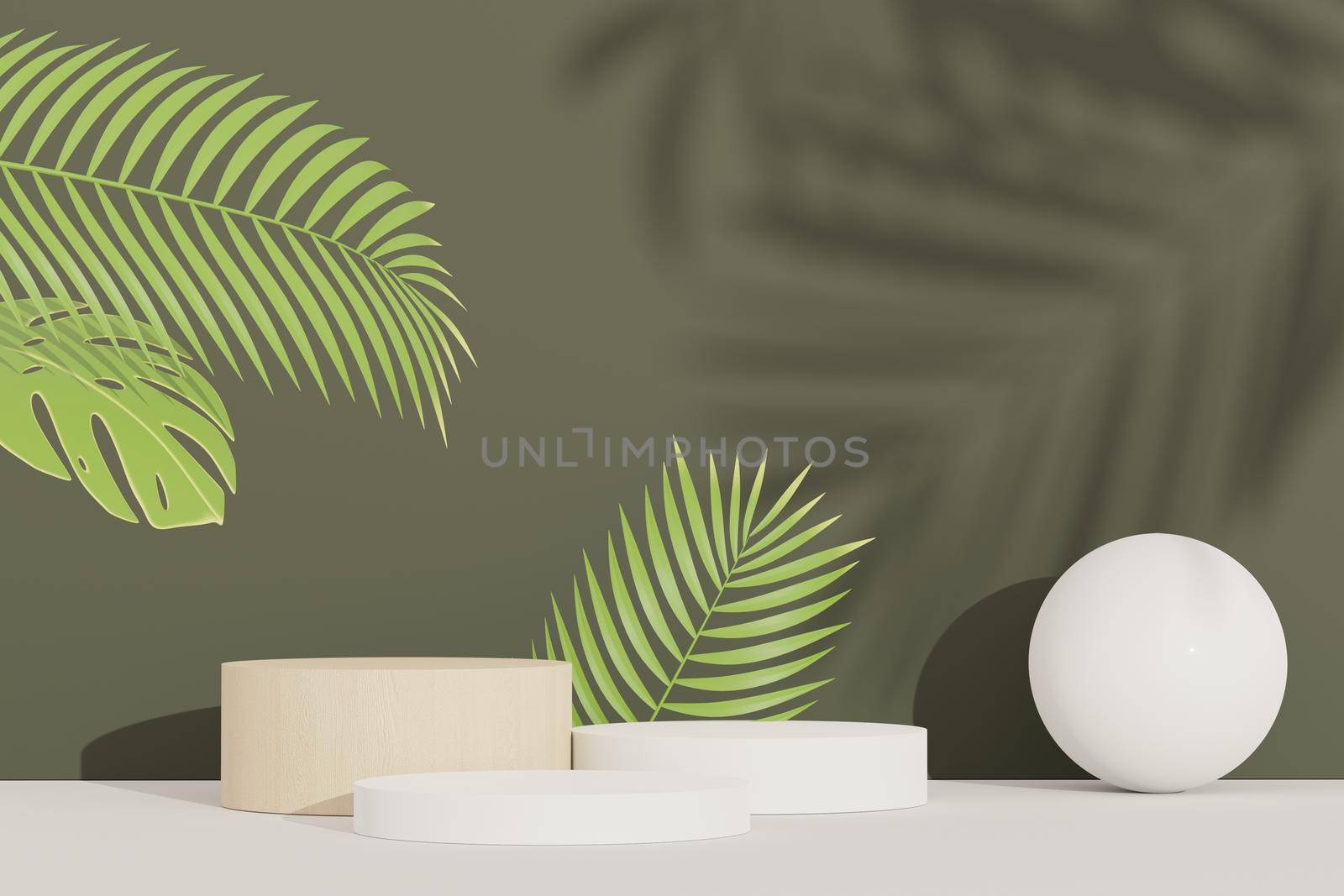 3d render of abstract pedestal podium display with Tropical Monstera leaves. Product and promotion concept for advertising. Green natural background.