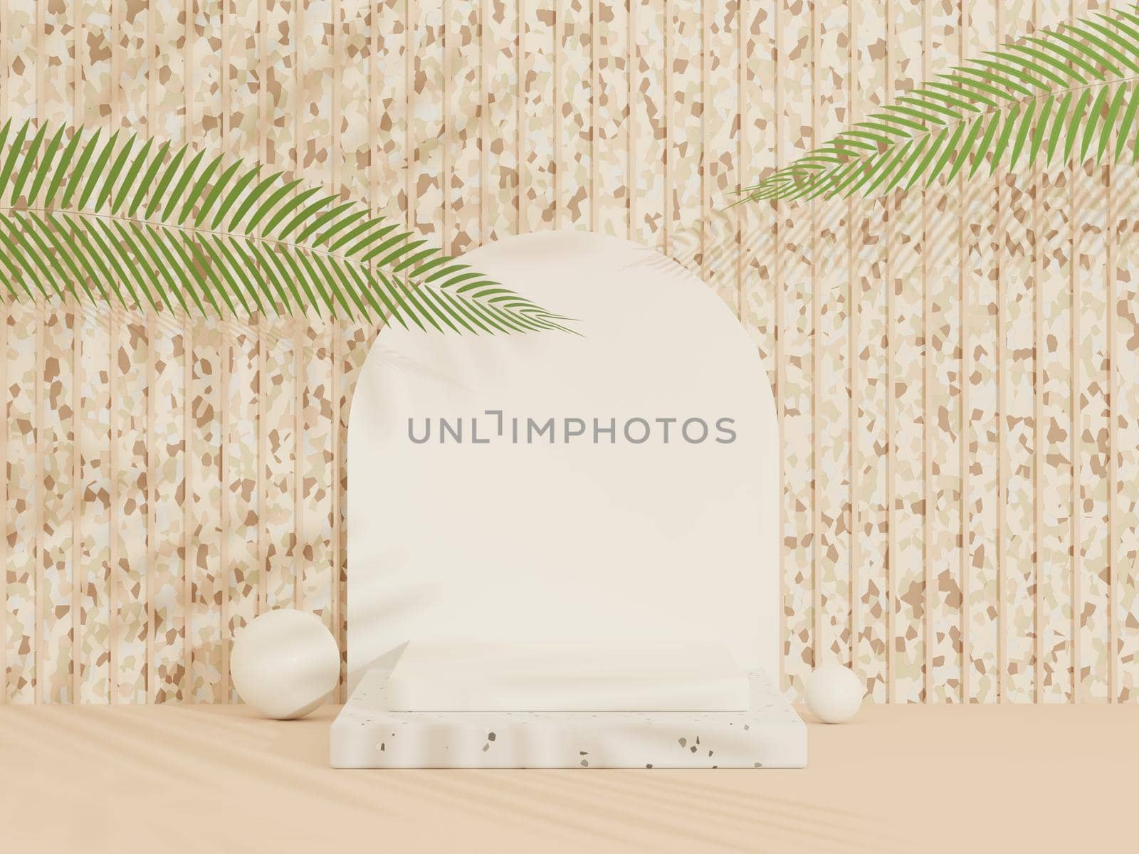 3d abstract white platform showcase for product and cosmetic presentation with terrazzo idea concept. Minimal Podium for mock up and advertising. Render geometric design scene for web banner.