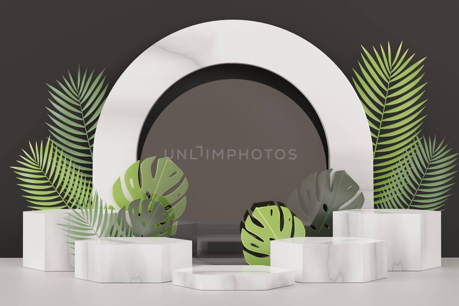 3d render of abstract pedestal podium display with Tropical Monstera leaves. Product and promotion concept for advertising. Green natural background.