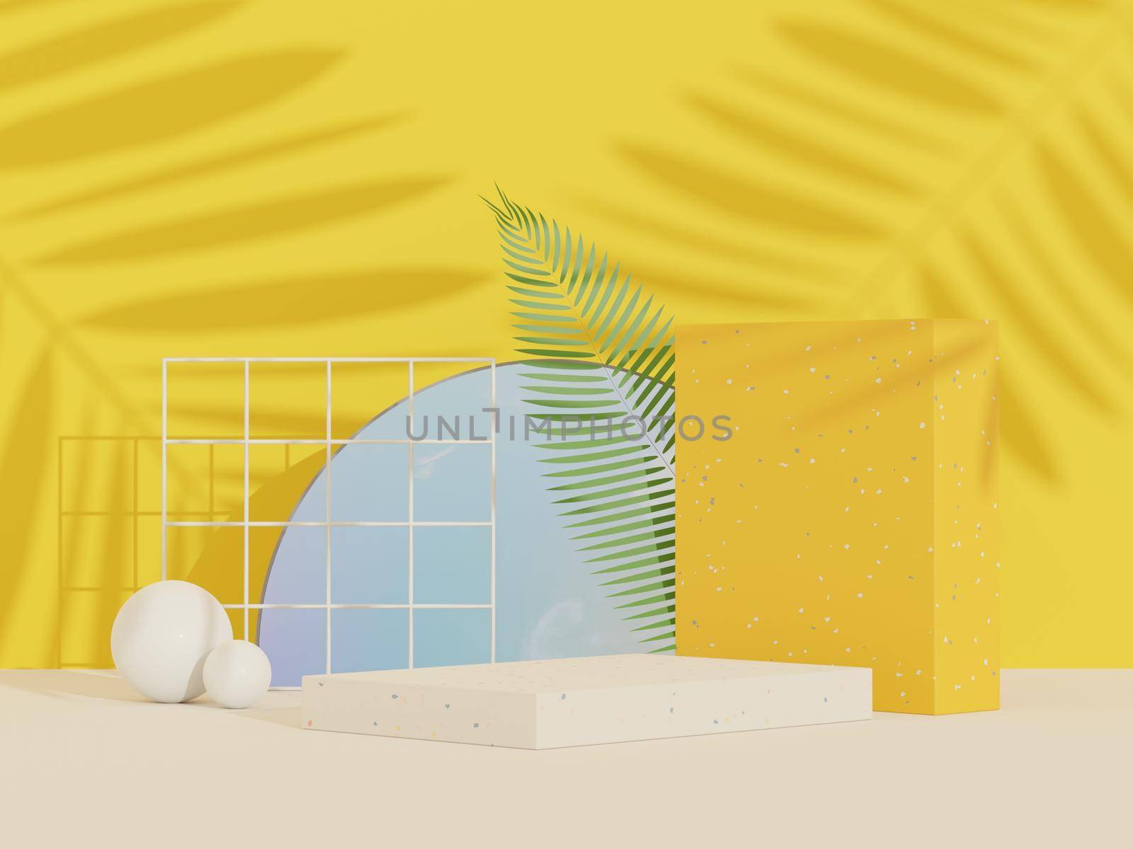 3d abstract background Terrazzo podium for product presentation and brand advertising with shadow of leave. Empty scene for mock up. by tanatpon13p