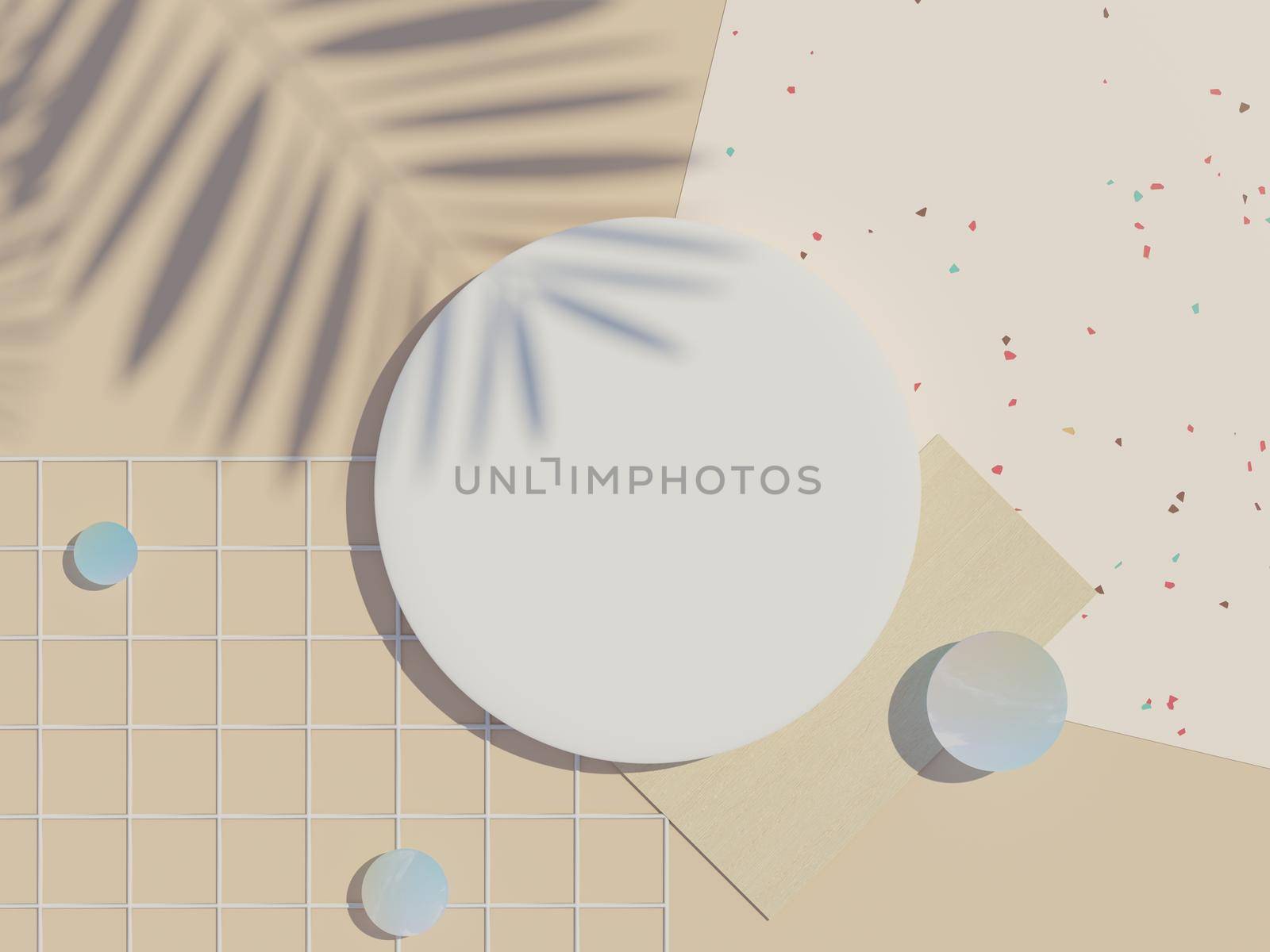 3d render top view of white blank cylinder frame for mock up and display products with shadows of palm leaves, earth tone, and terrazzo wall background. Creative idea concept. by tanatpon13p