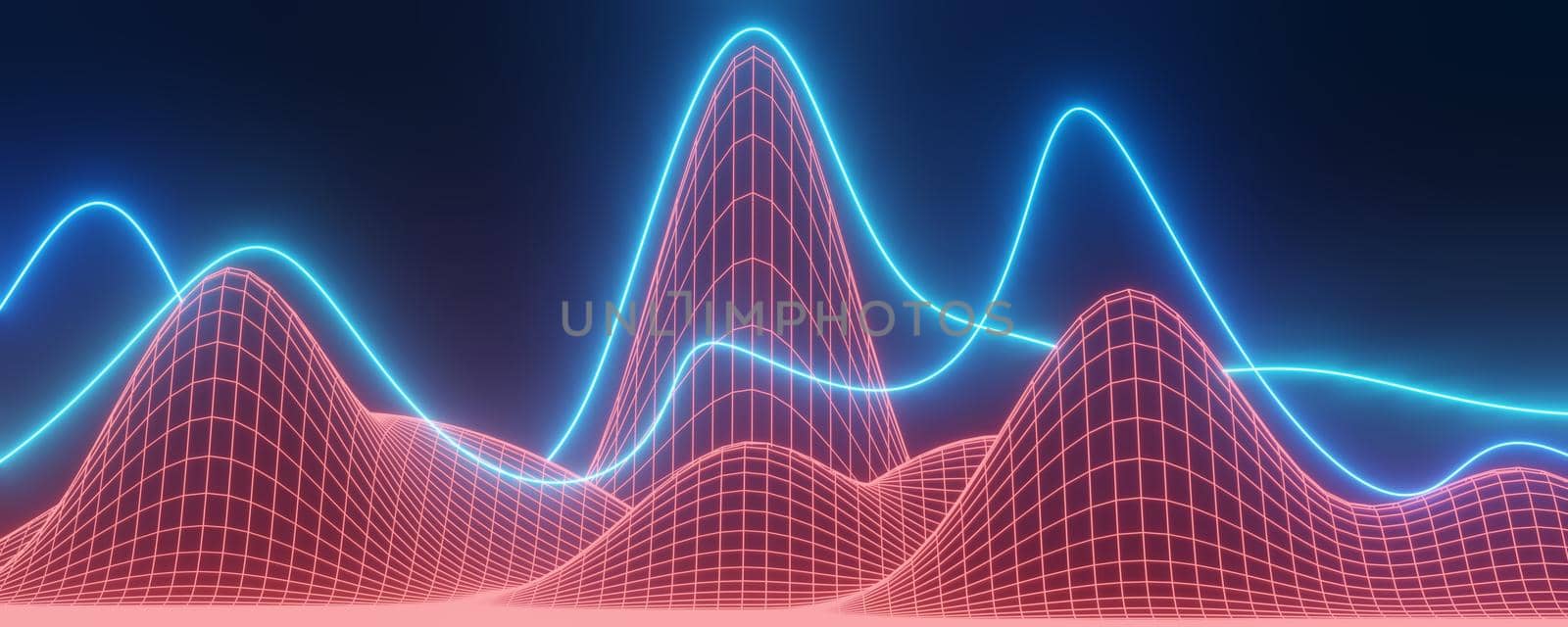 3d render of futuristic retro landscape neon light on darkness background. Abstract Laser cyber lines show at night. Ultraviolet spectrum beam scene for mock up and web banner. by tanatpon13p