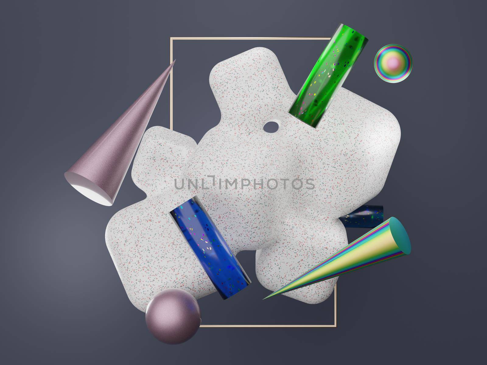 3d render abstract simple geometric shapes with mystic hologram or holographic design. realistic primitives composition scene for mockup.   by tanatpon13p