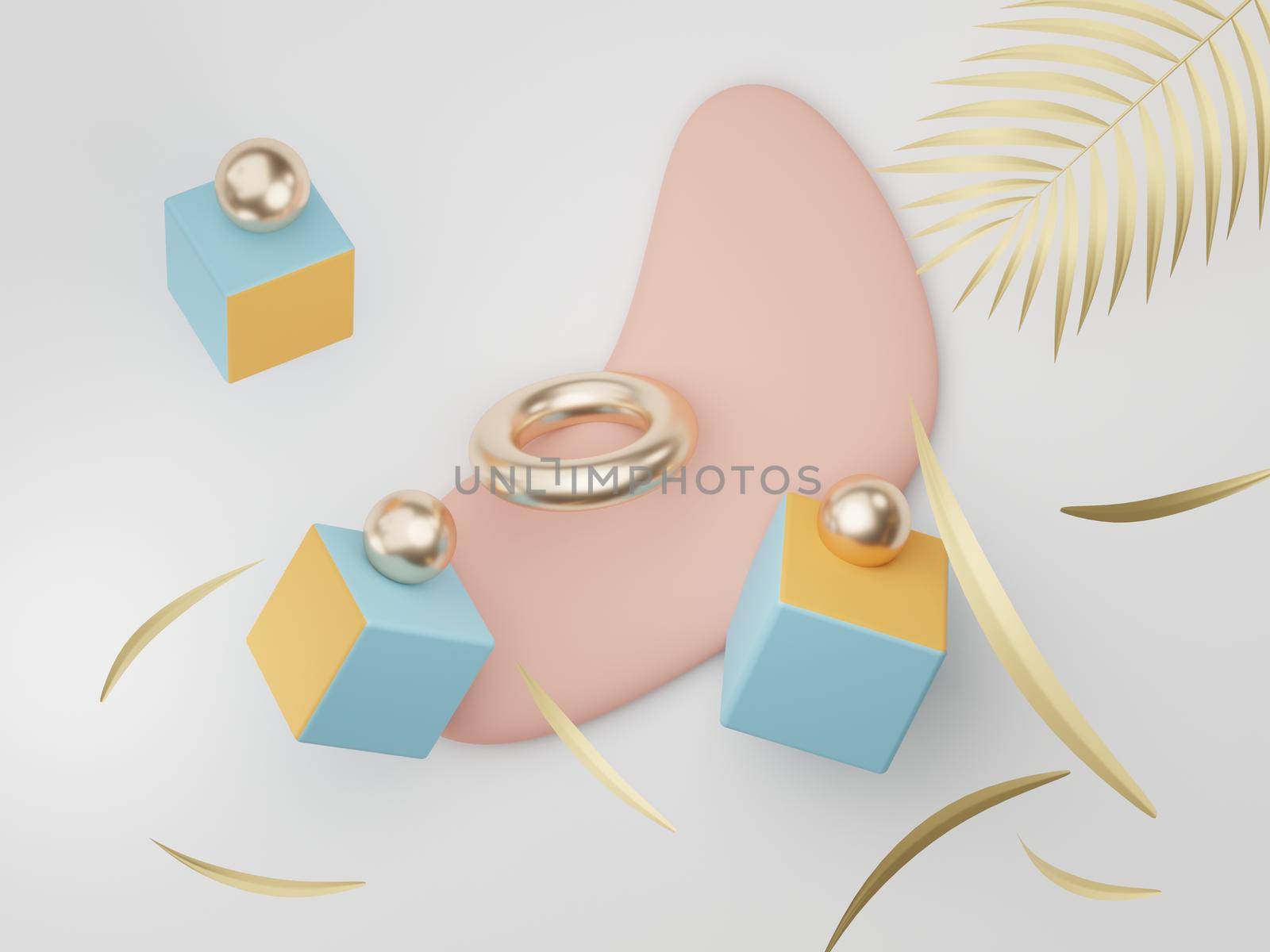 3d render of premium abstract geometric shapes and pastel luxury gravel decor with tropical leaves on white background.  by tanatpon13p