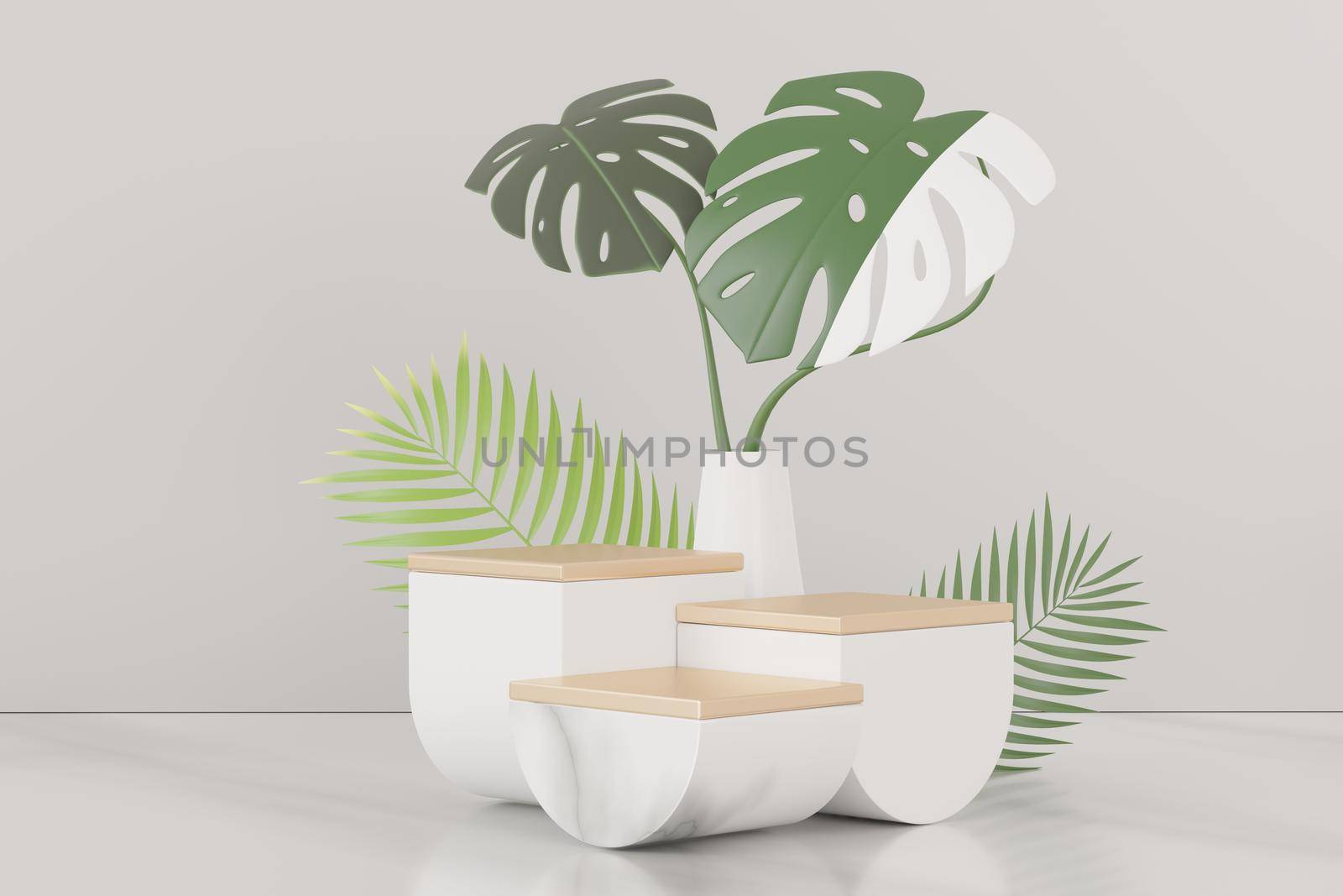 3d render of abstract pedestal podium display with Tropical Monstera leaves. Product and promotion concept for advertising. Green natural background.