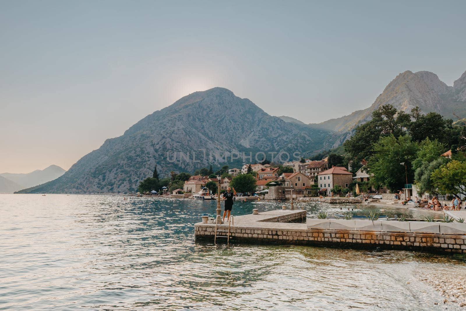 Fishing boat on an oyster farm in the Bay of Kotor, Montenegro. High quality photo.