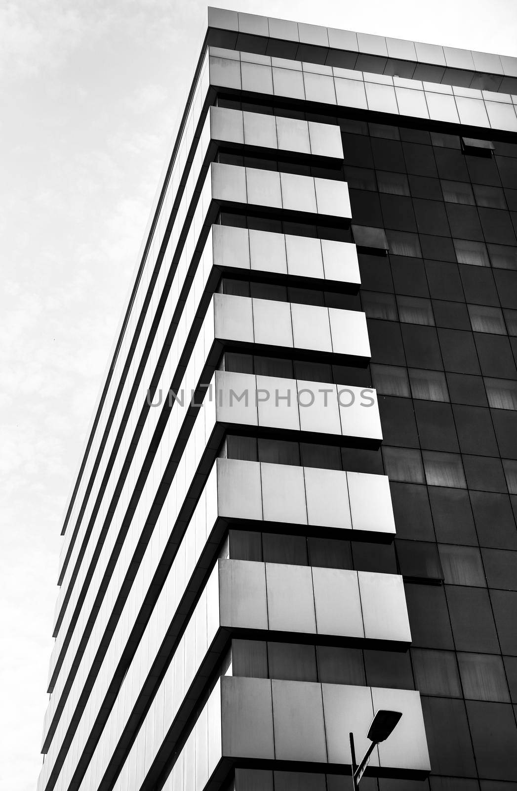 Rectilinear and geometric facade with glass windows