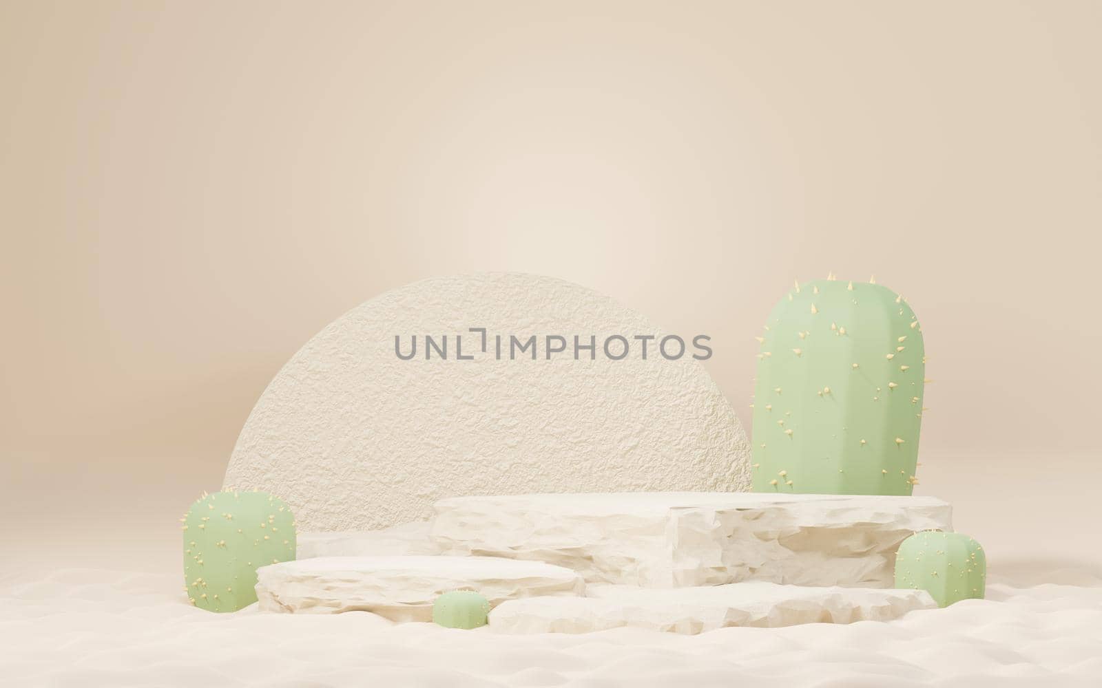 3d Mock up Brown cream podium with Cactus and Sands desert mini theme. Pedestal stage for product and cosmetic presentation. Abstract colorful scene for advertising. Sale promotion background. by tanatpon13p