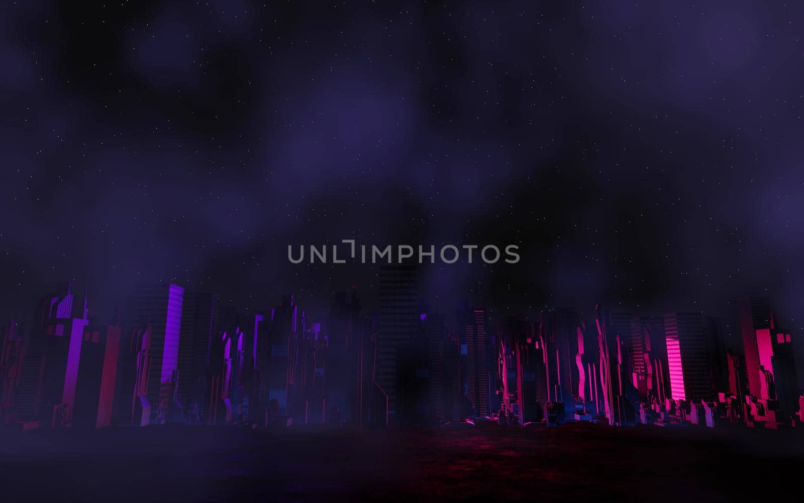 3d render of Cyber punk night city landscape concept. Light glowing on dark scene.  Night life. Technology network for 5g. Beyond generation and futuristic of Sci-Fi Capital city and building scene.  by tanatpon13p