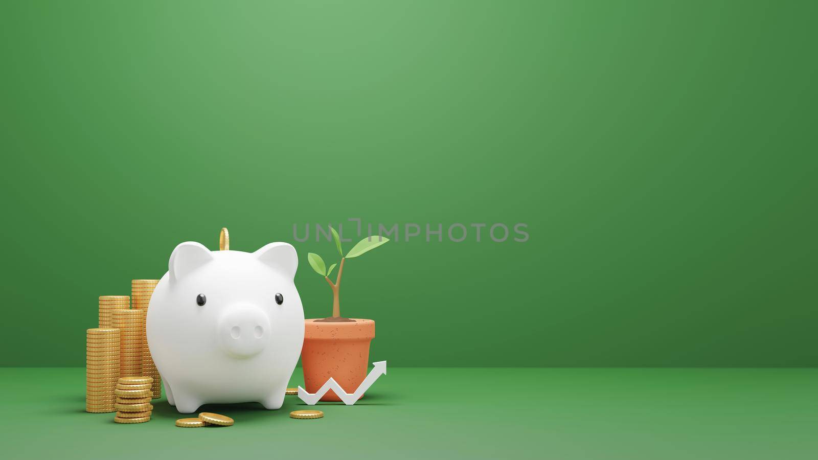 Piggy bank and gold coin on green background with copy space Saving concept 3D render by Myimagine