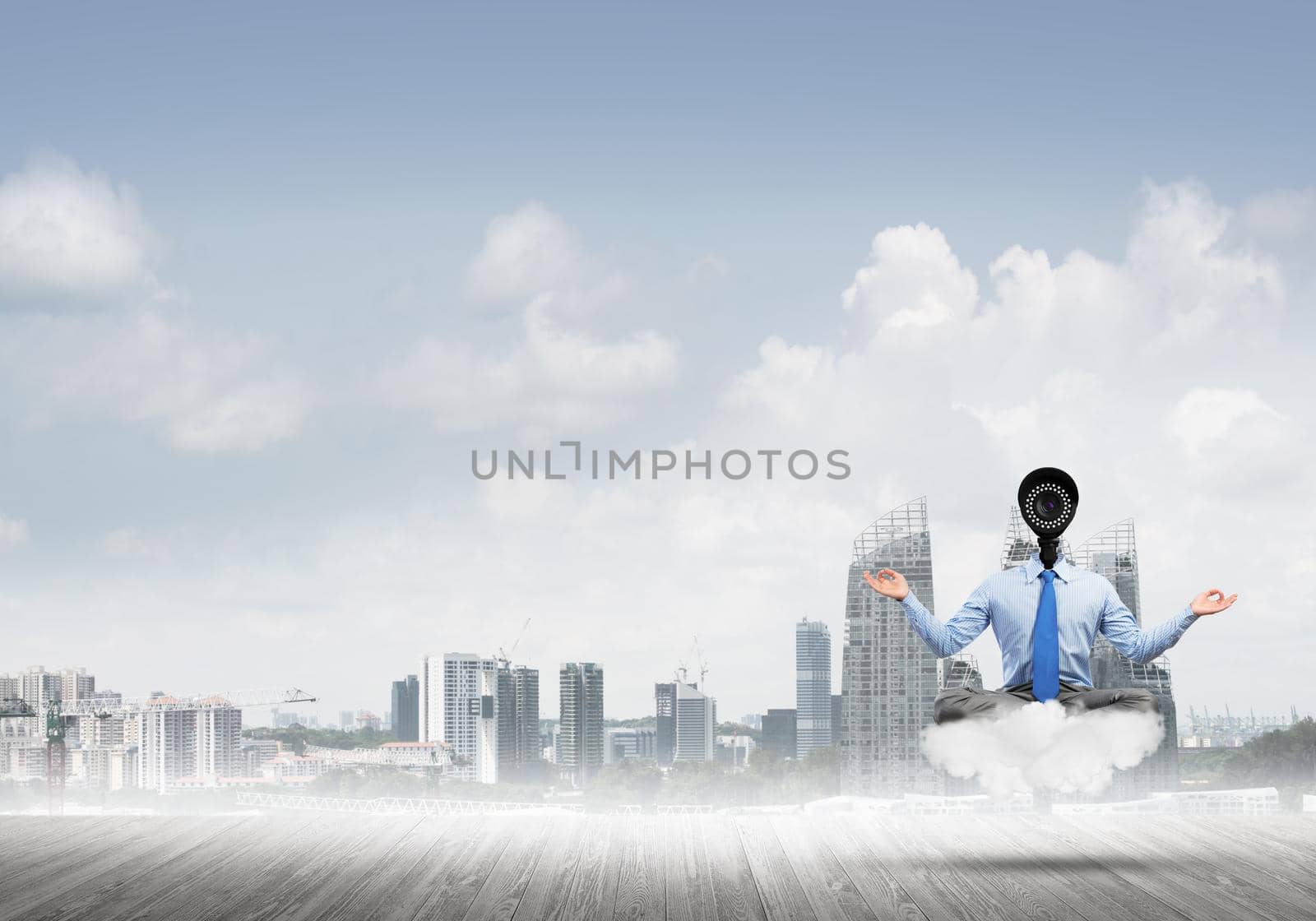 Camera headed man sitting in lotus pose on cloud against modern cityscape by adam121