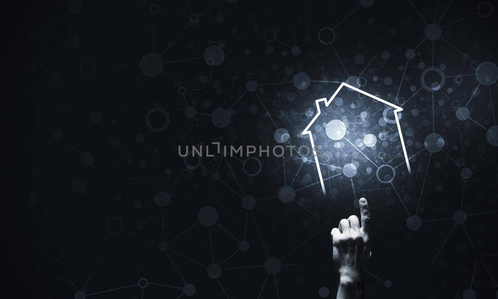 Conceptual image with hand pointing at house or main page icon on dark background by adam121