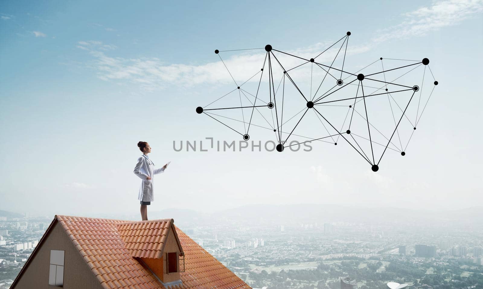 Conceptual image of young female doctor interracting with media network structure while standing on roof of brick building. Medical industry and modern technologies