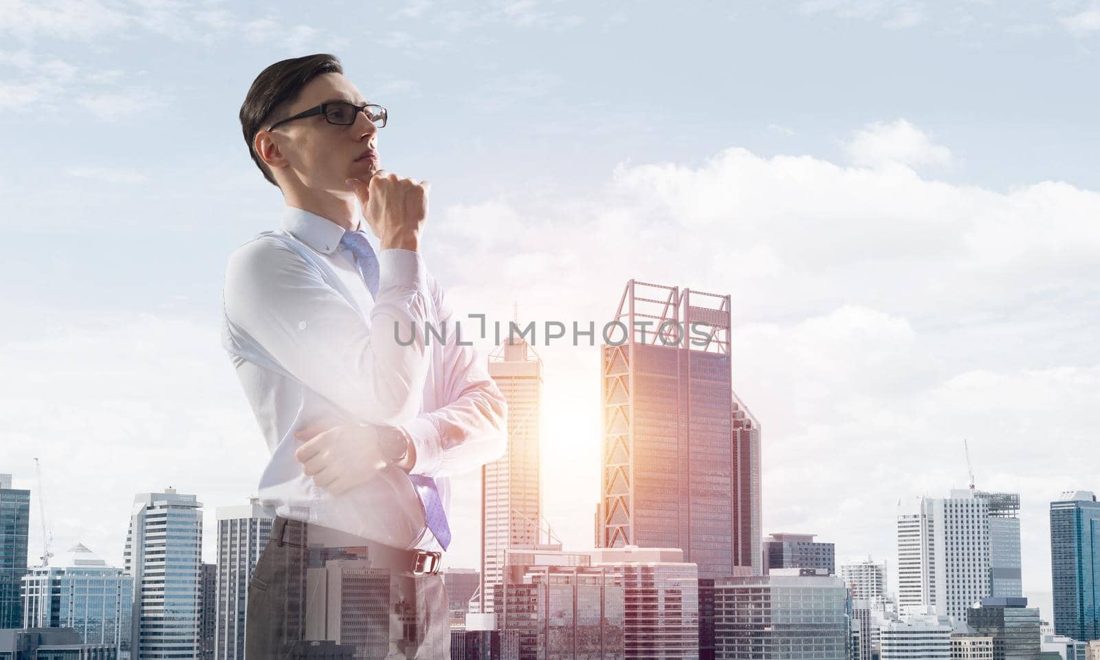 Concept of business success and control with confident boss against cityscape background by adam121