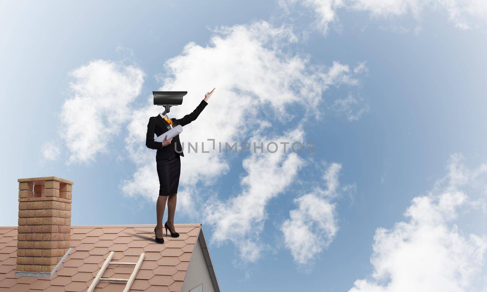 Faceless businesswoman with camera zoom instead of head standing on house roof