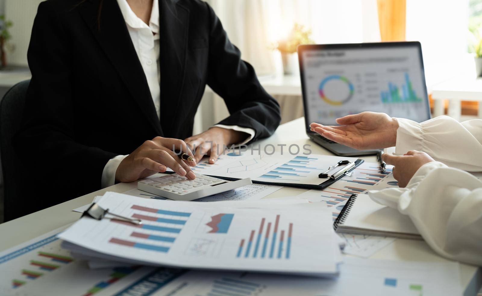 financial adviser working calculating and analysis budget numbers at modern office , Business people brainstorming concept.