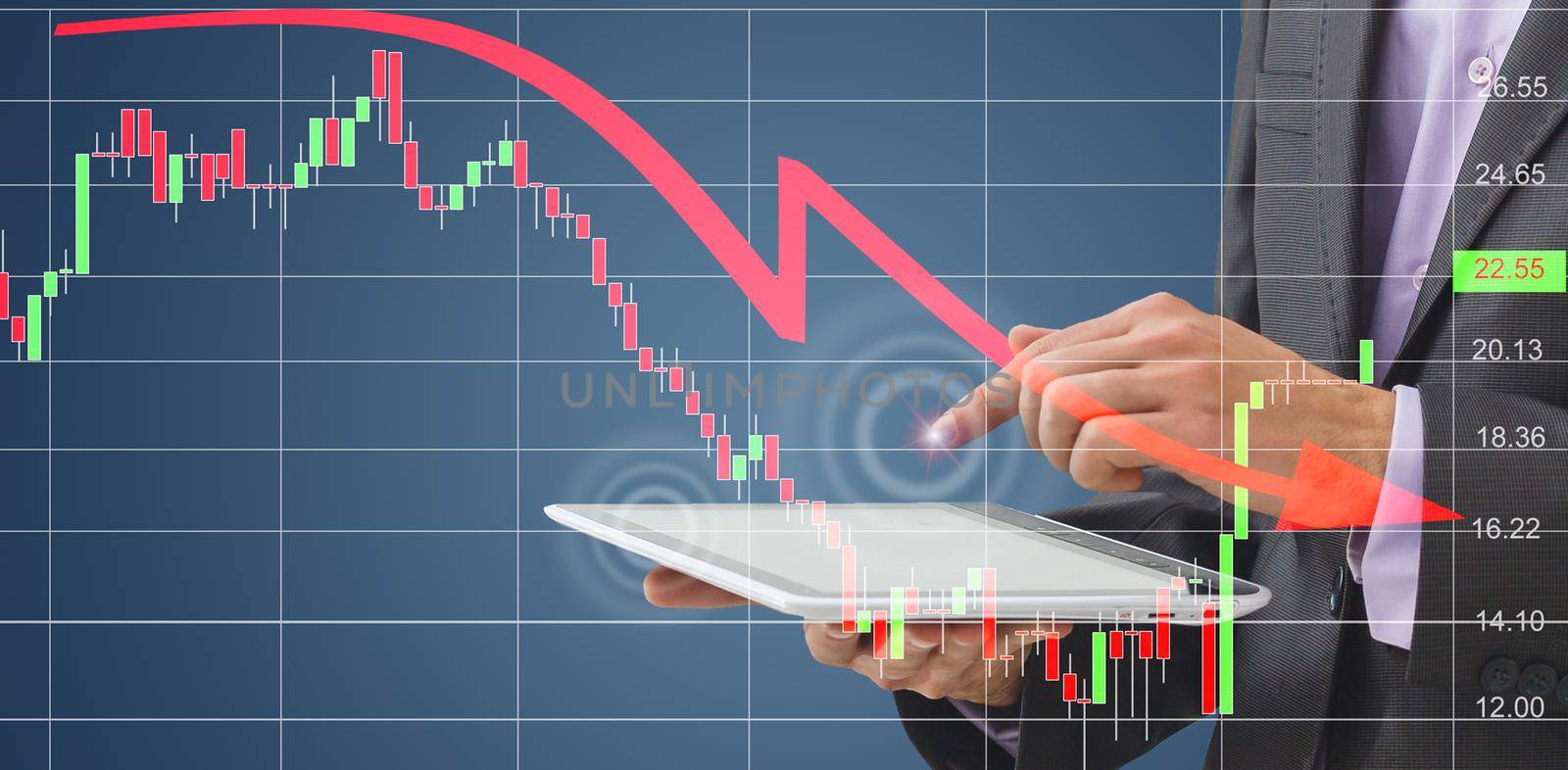 Office man finger touch hud, virtual screen with stock market changes, business candlesticks graph chart. Double exposure of lines, growing numbers, online trading.