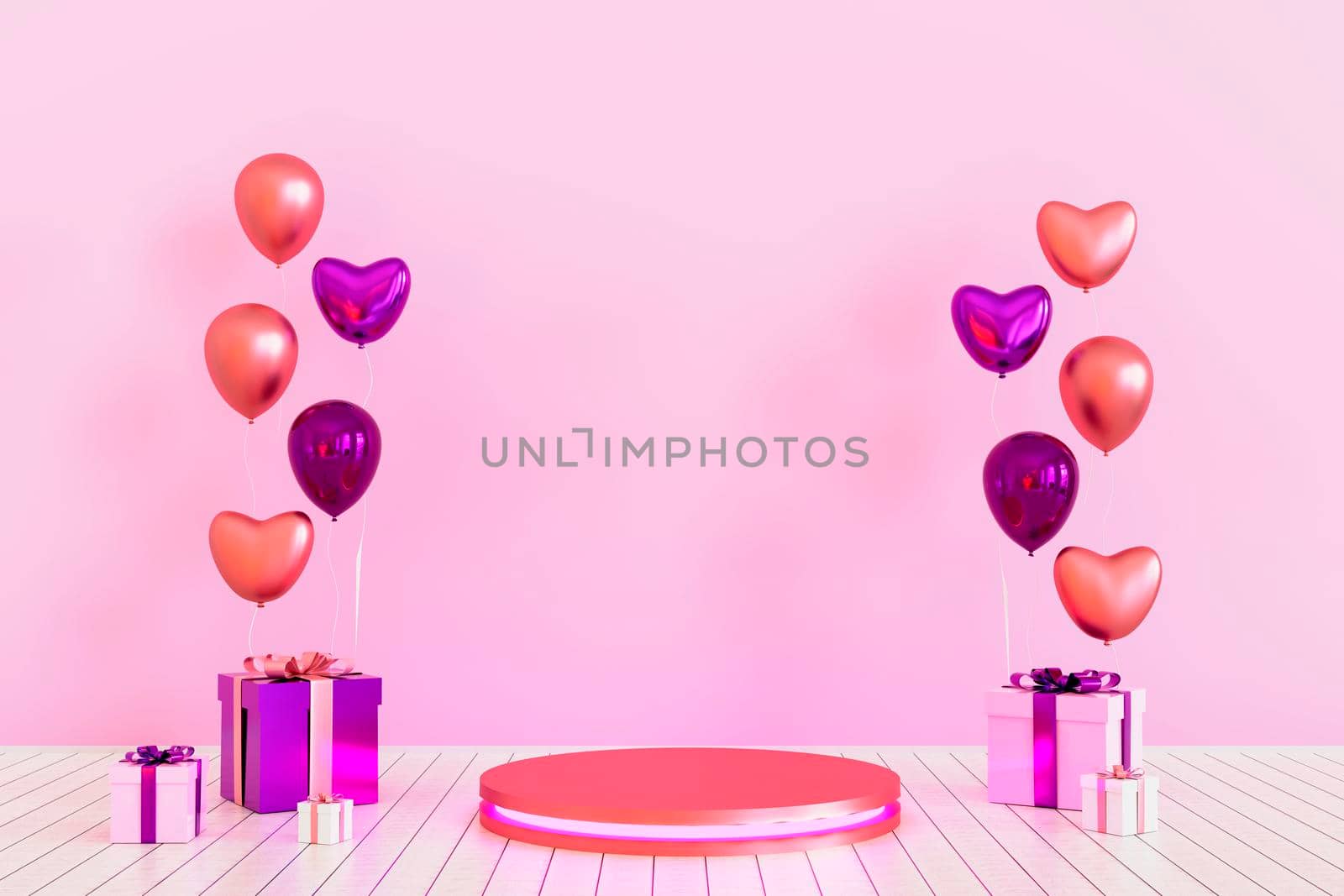 Cylinder podium with hearts and pink gift box and pink balloon pedestal product display stand romance love platform on pink background 3D illustration