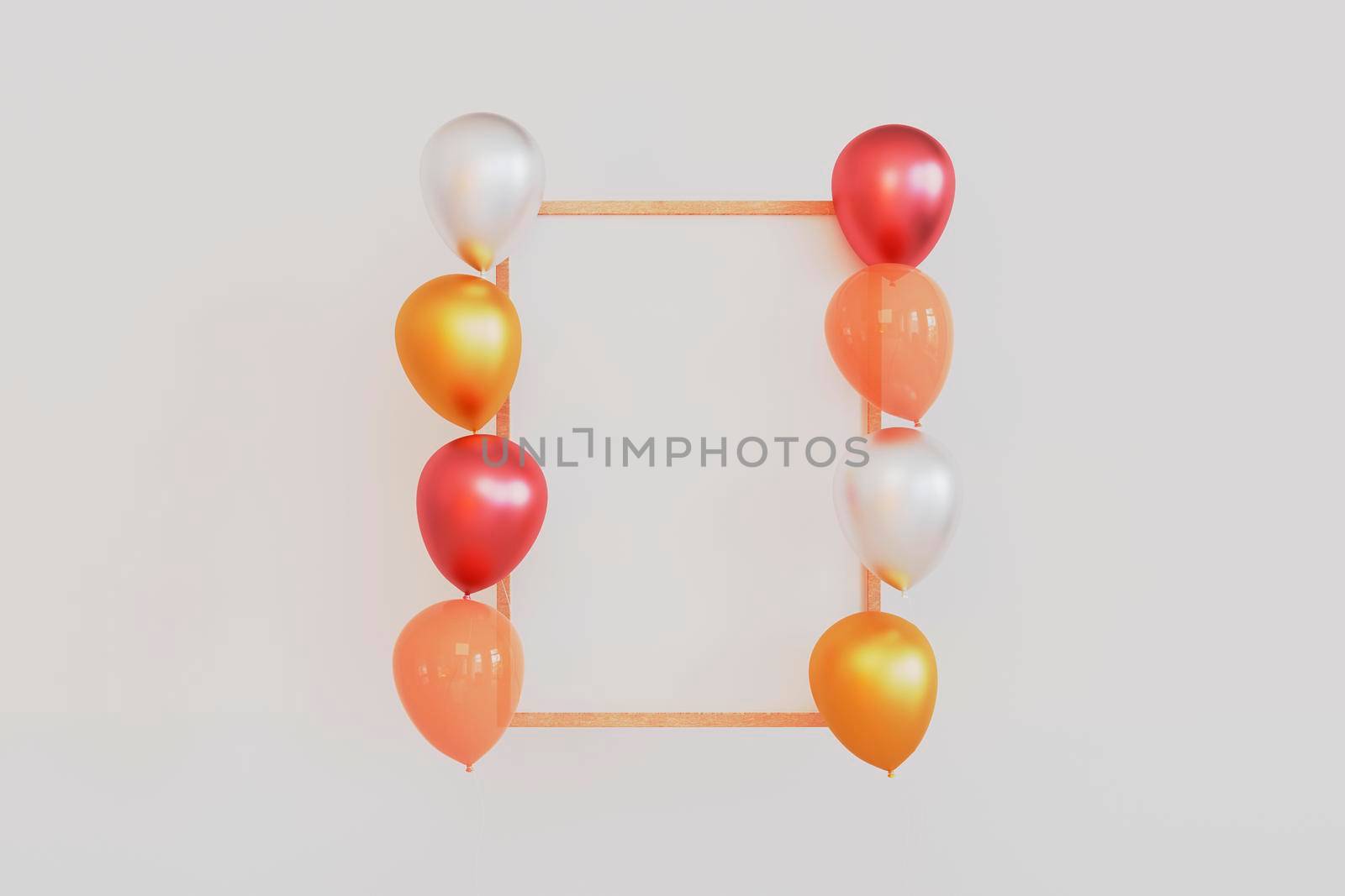 Poster mock up with pink, orange, silver and golden glossy 3d realistic balloons. 3d illustration by raferto1973