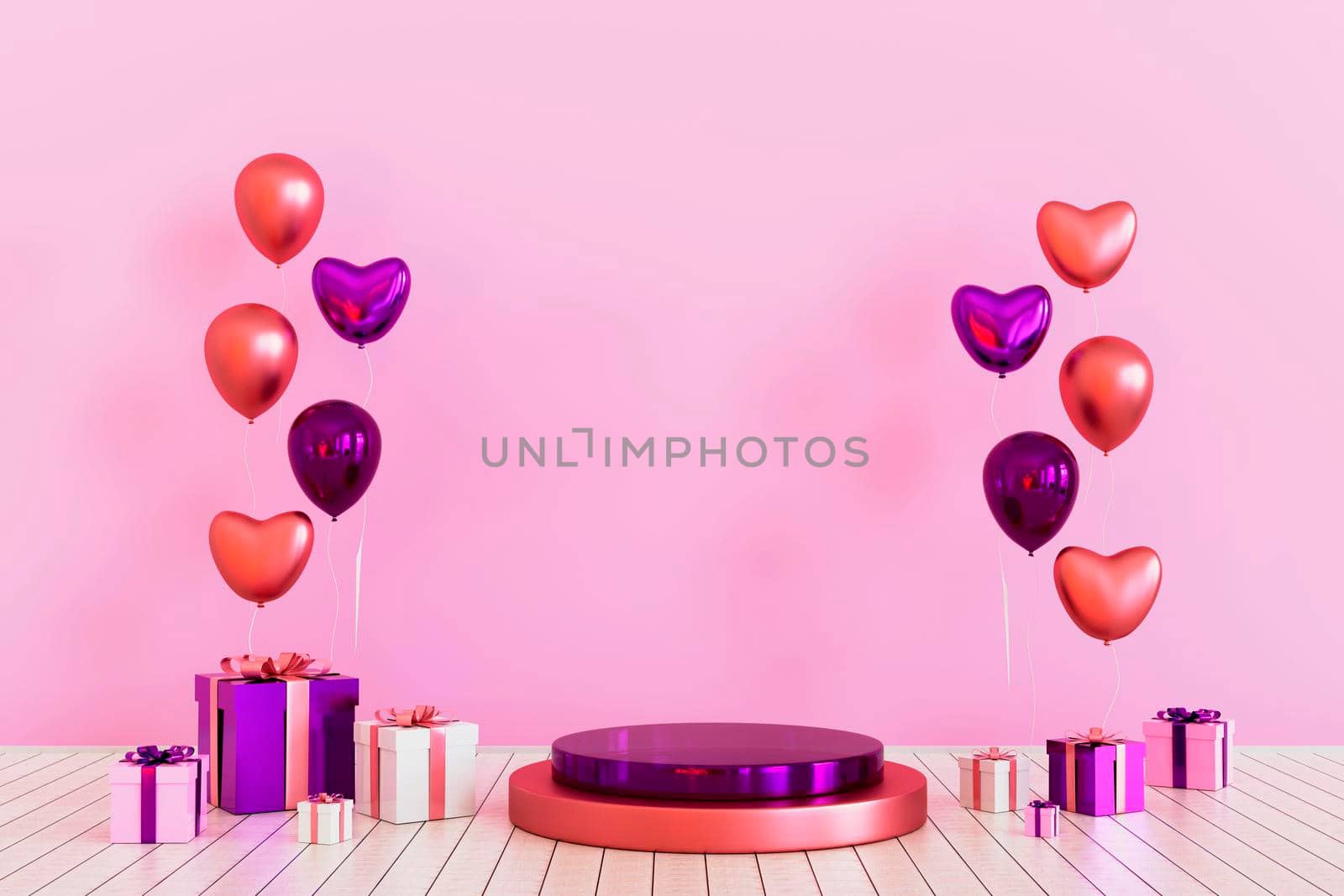 Cylinder podium with hearts and pink gift box and pink balloon pedestal product display. 3d render by raferto1973