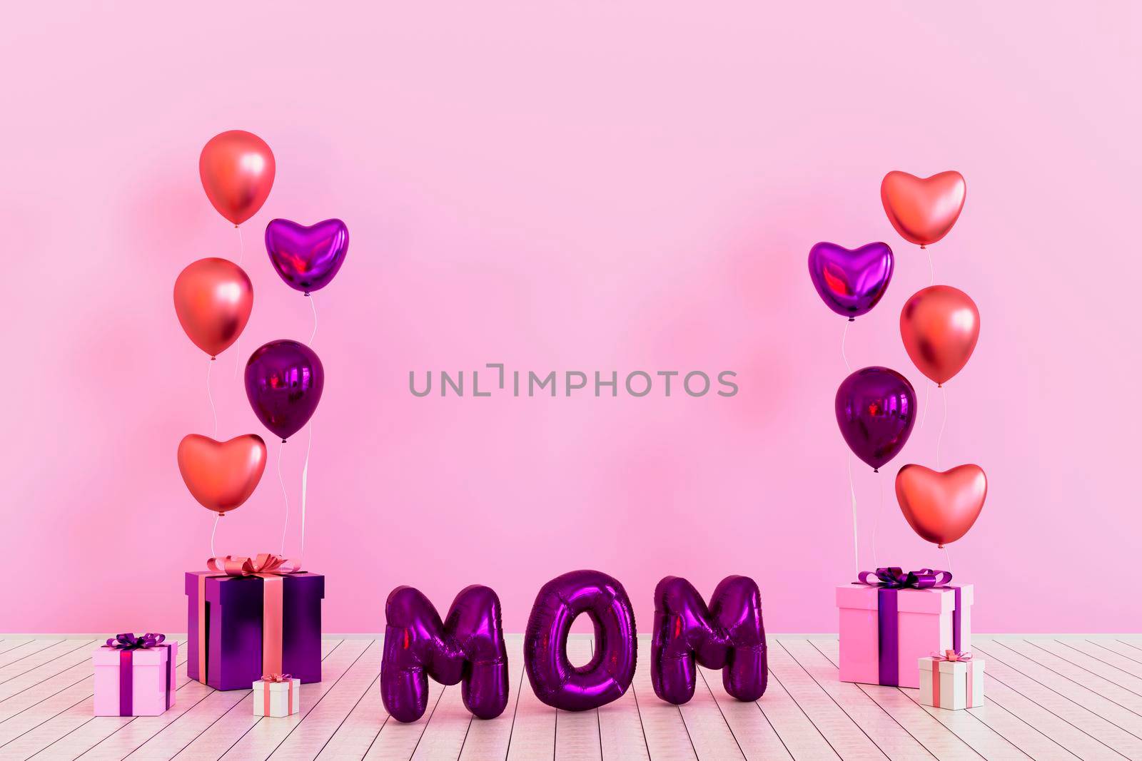 Happy mothers day decoration background with gift box, balloon, mom text, copy space text, 3D rendering illustration by raferto1973