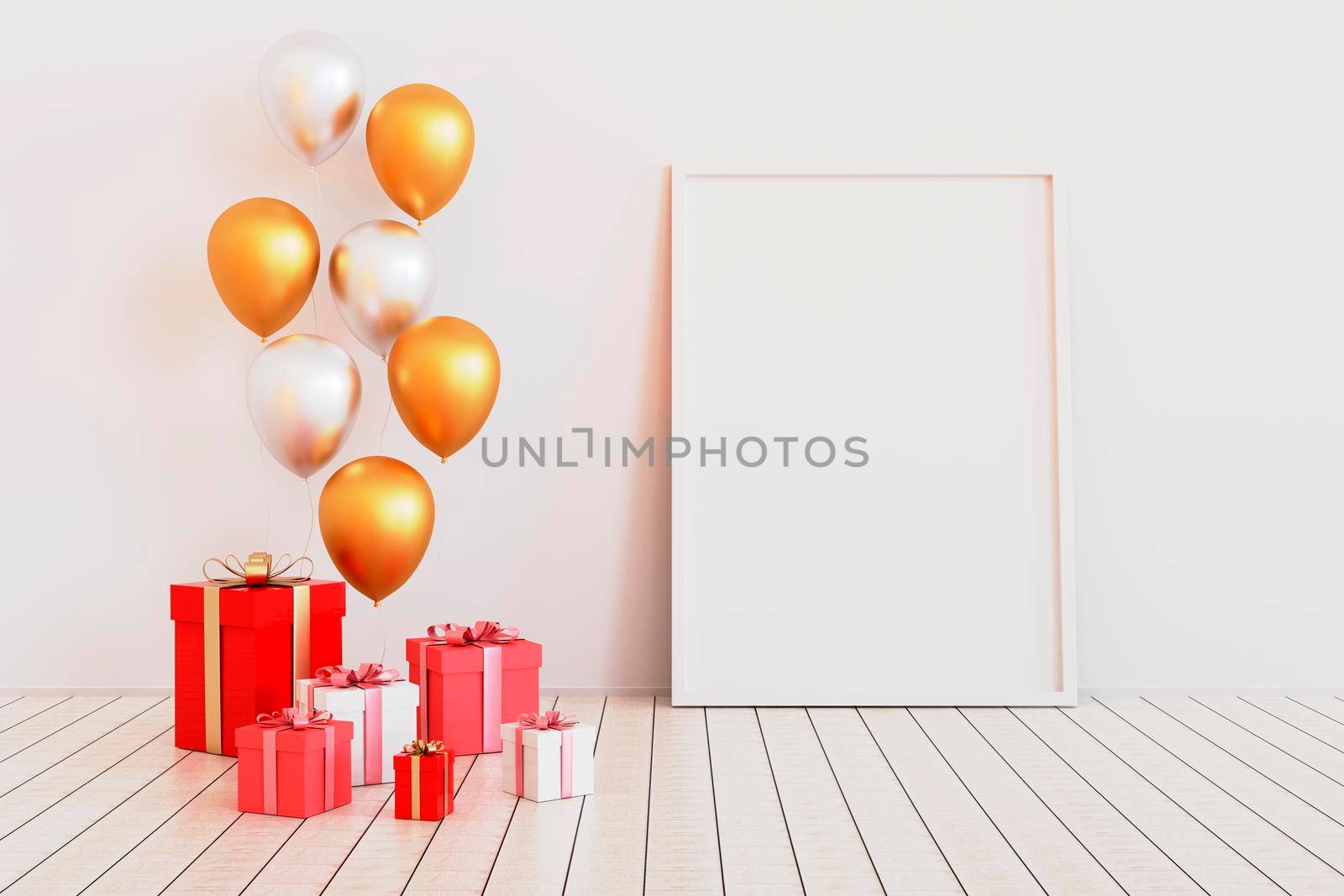 Poster mock up with silver and golden glossy 3d realistic balloons. Valentine's Day or wedding day romantic themes for party, events, social media or promotion banner, posters.3d illustration