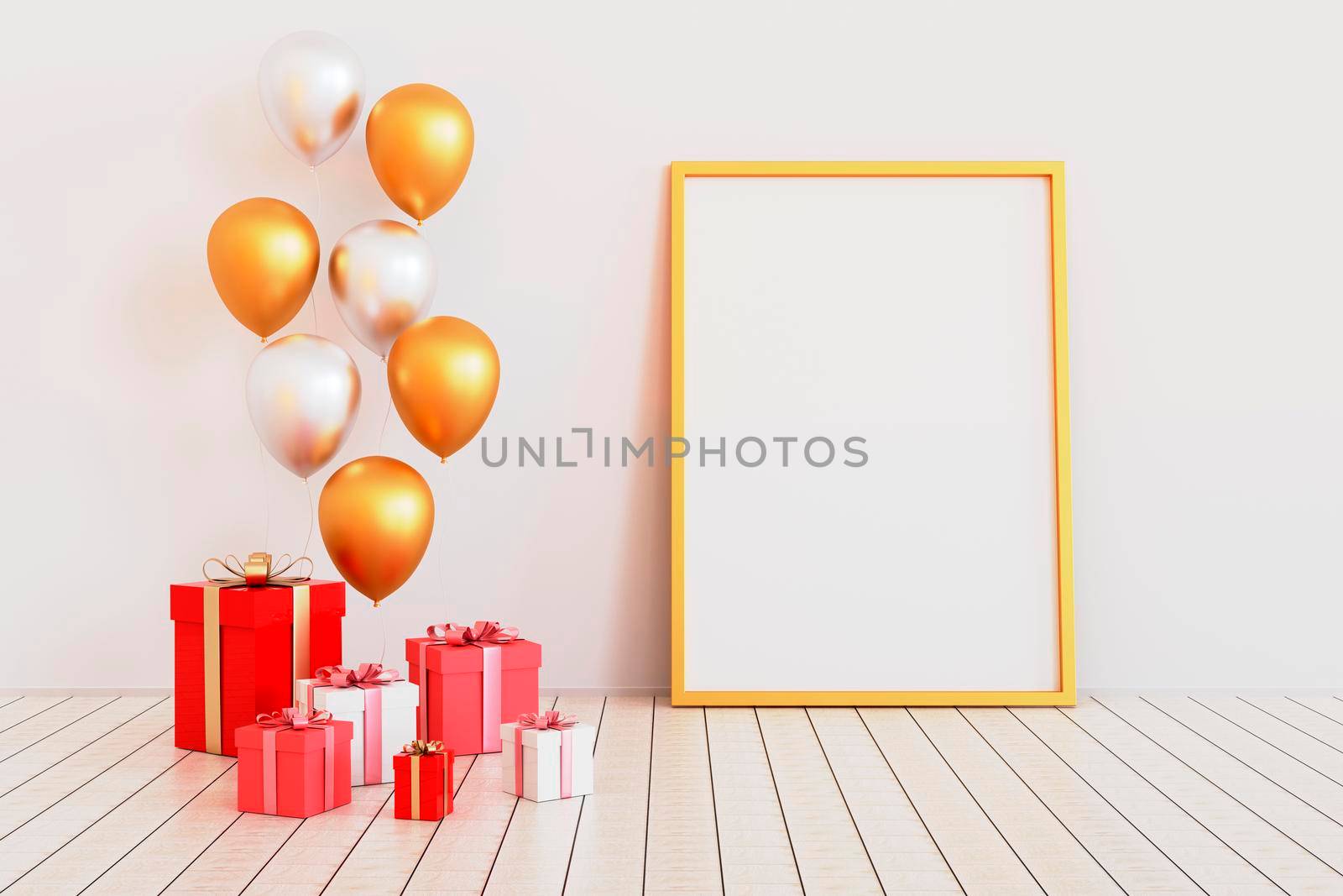 Poster mock up with silver and golden glossy 3d realistic balloons. 3d render by raferto1973
