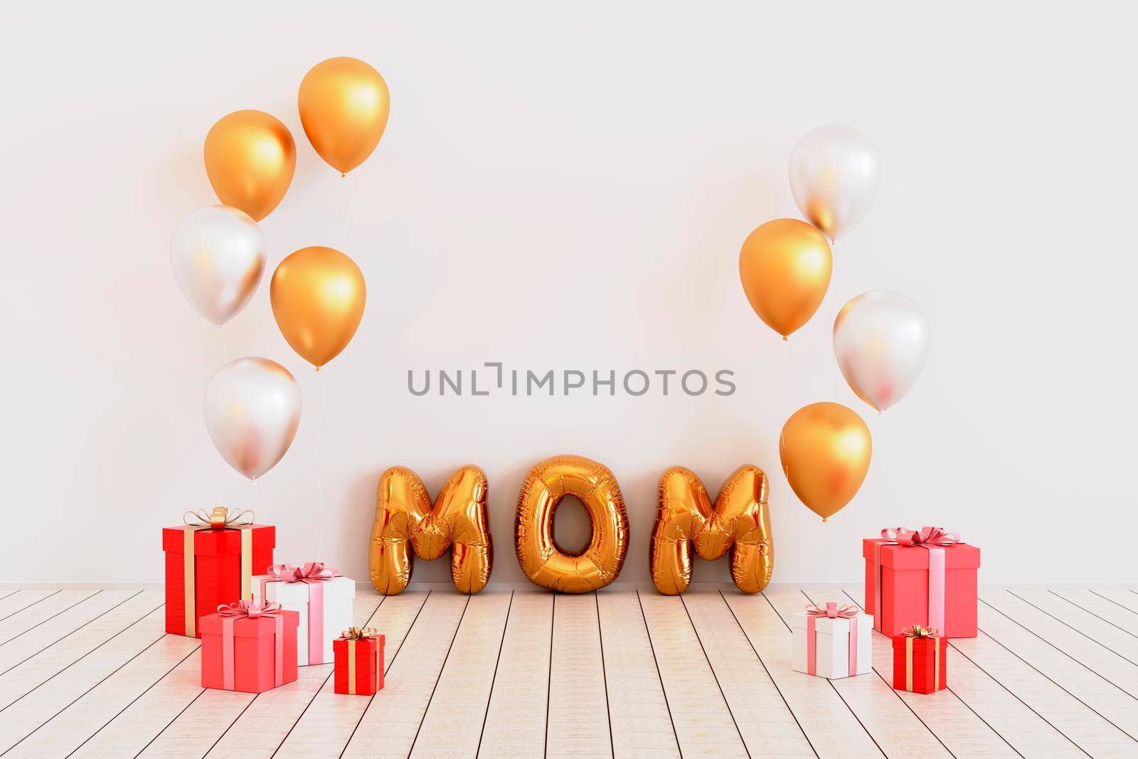 Happy mothers day decoration background with gift box, balloon, mom text, copy space text, 3D rendering illustration by raferto1973