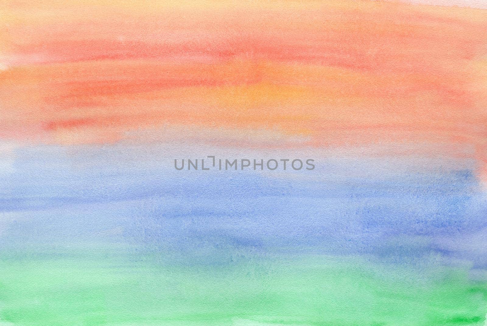 Horizontal nature gradient from green to blue and orange watercolor background