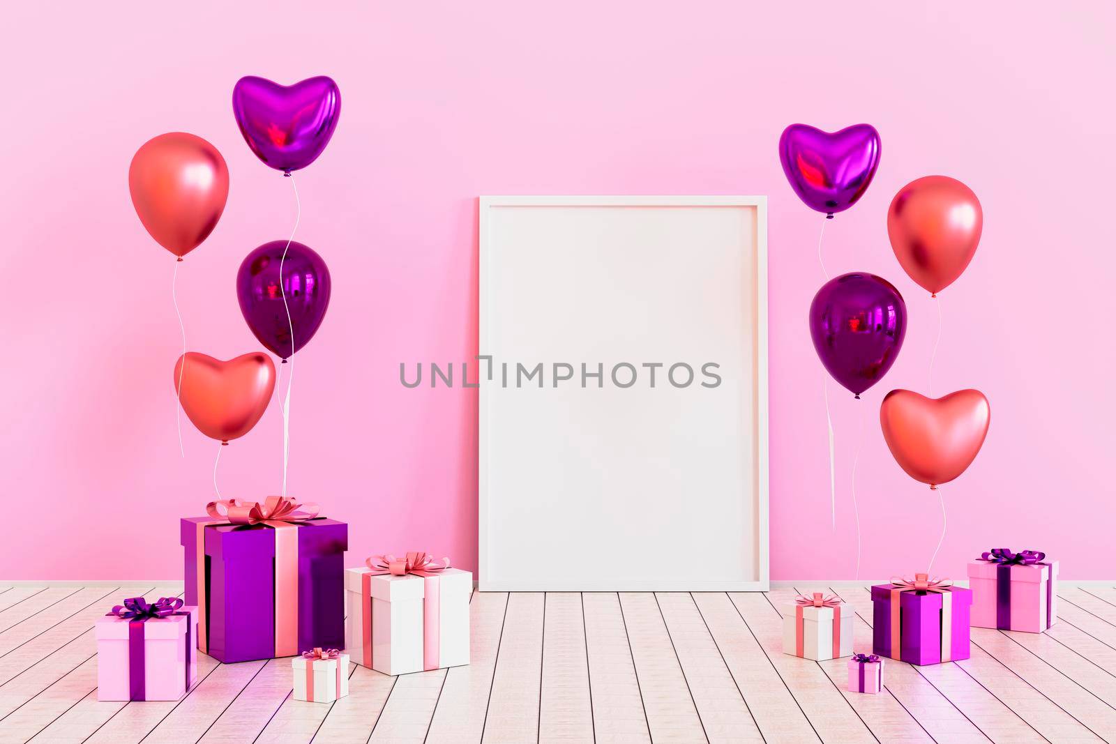 Poster mock up with pink glossy 3d realistic balloons in heart shape. 3d illustration by raferto1973